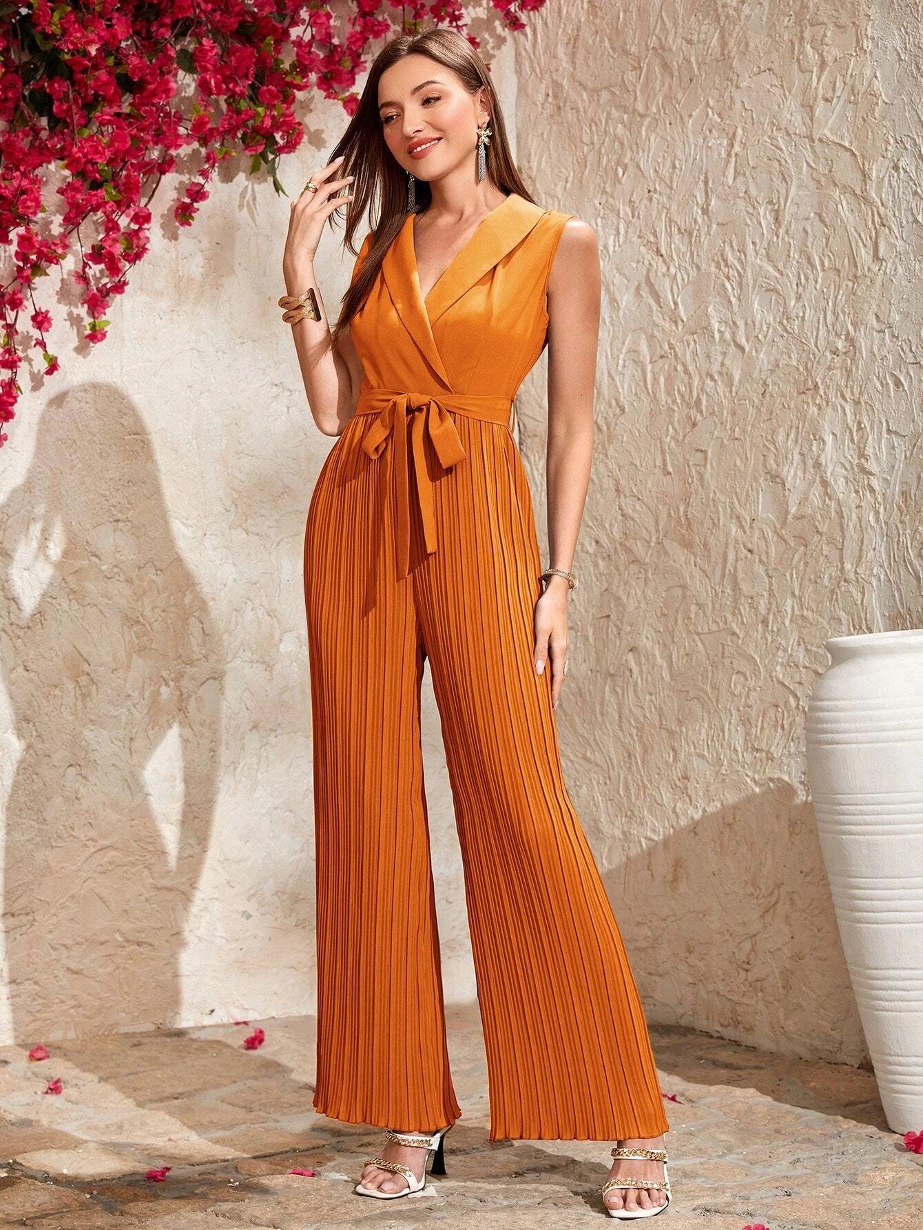 Collar Pleated Belted Shirt Jumpsuit-Comfy Jumpsuits