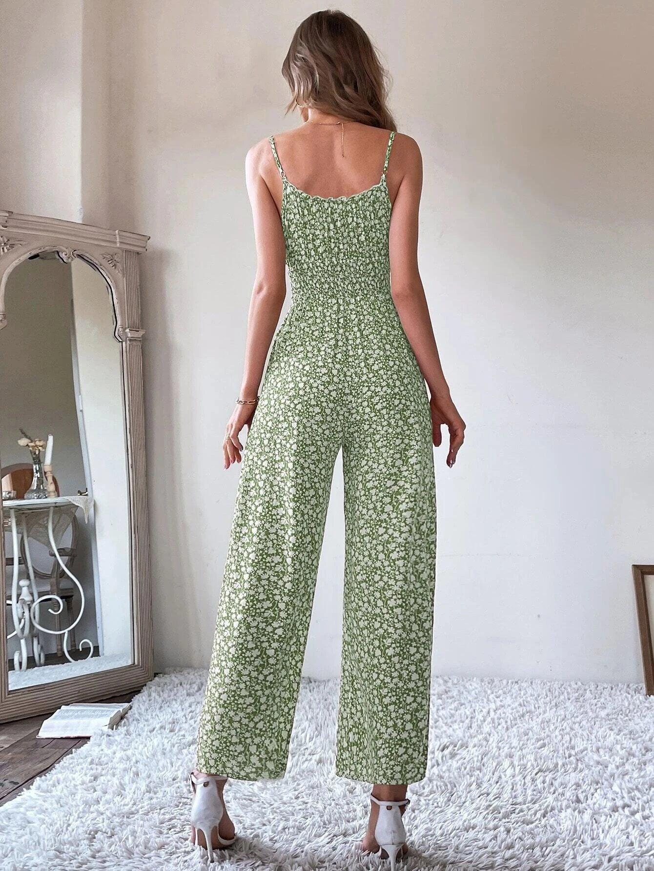 Ditsy Floral Tie Front Shirred Waist Cami Jumpsuit-Comfy Jumpsuits