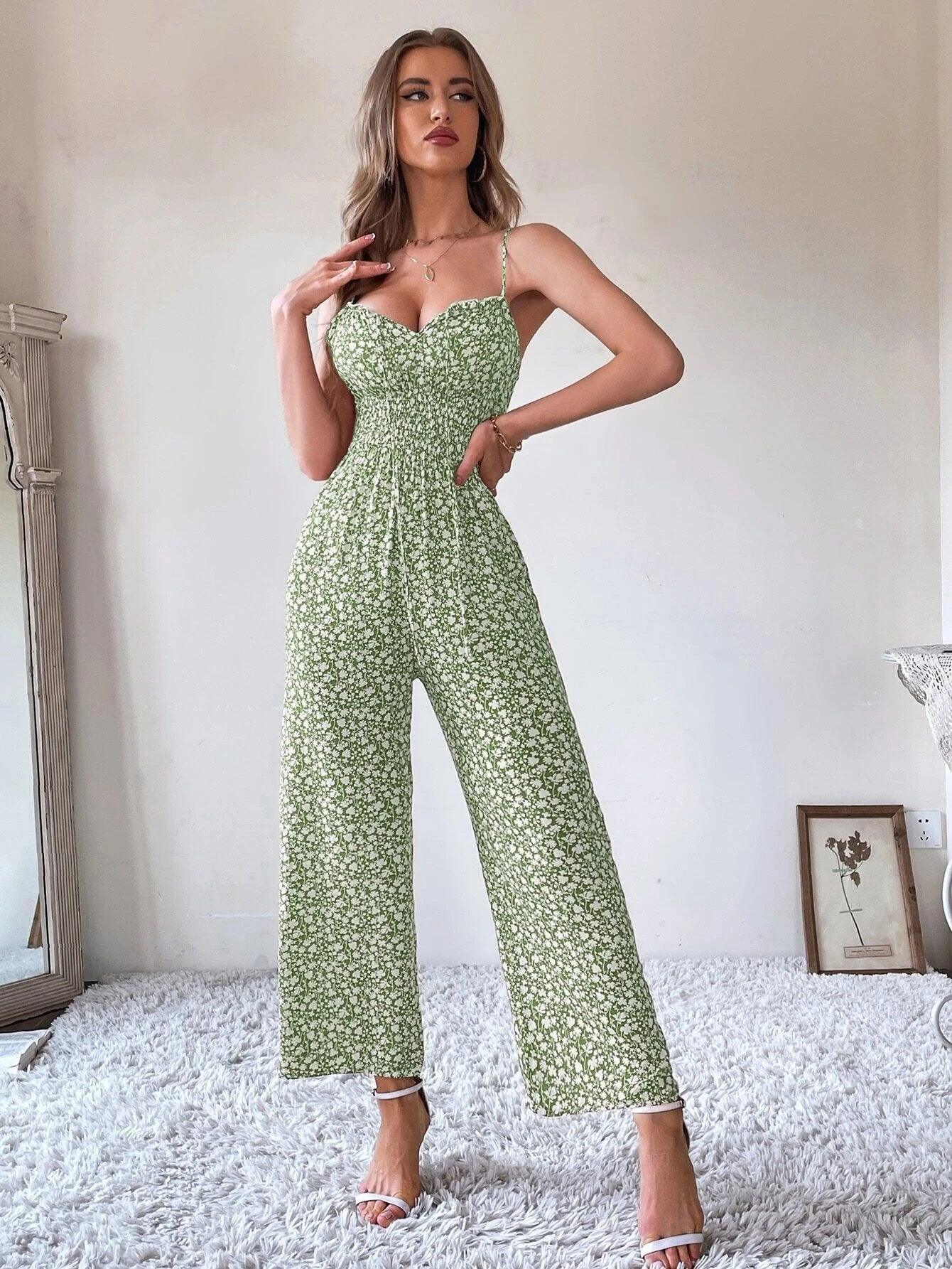 Ditsy Floral Tie Front Shirred Waist Cami Jumpsuit-Comfy Jumpsuits