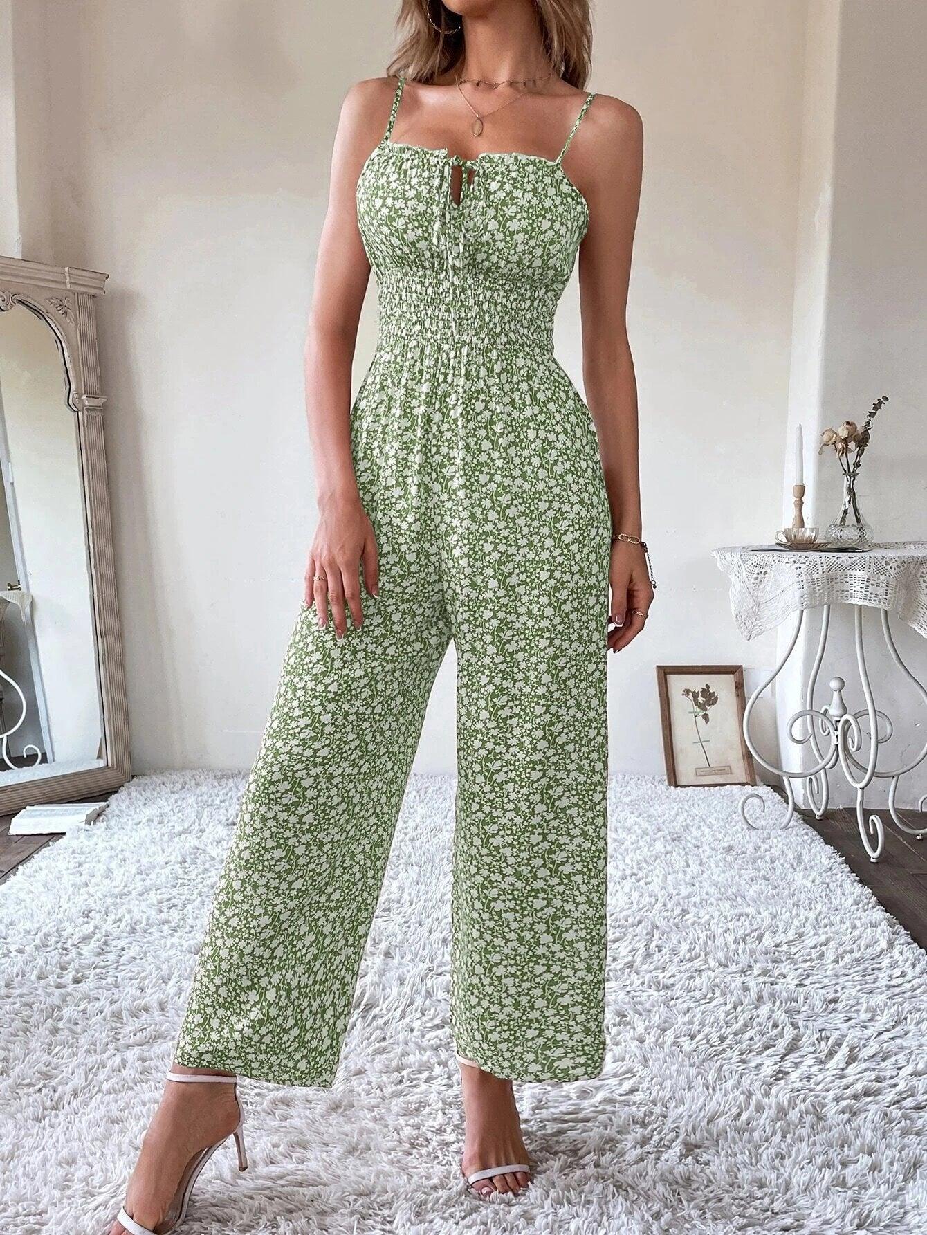 Ditsy Floral Tie Front Shirred Waist Cami Jumpsuit-Comfy Jumpsuits