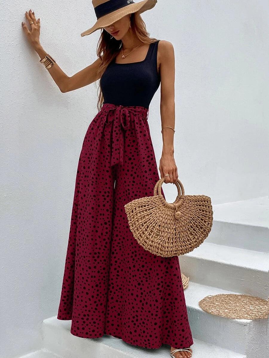 Dalmatian Print Wide Leg Belted Jumpsuit-Comfy Jumpsuits