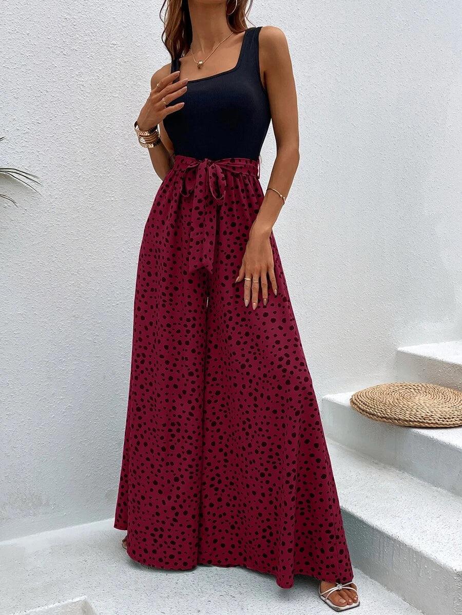 Dalmatian Print Wide Leg Belted Jumpsuit-Comfy Jumpsuits