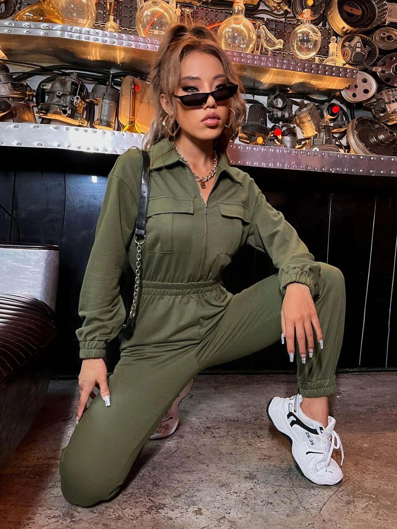 Zip Up Drop Shoulder Flap Pocket Jumpsuit-Comfy Jumpsuits