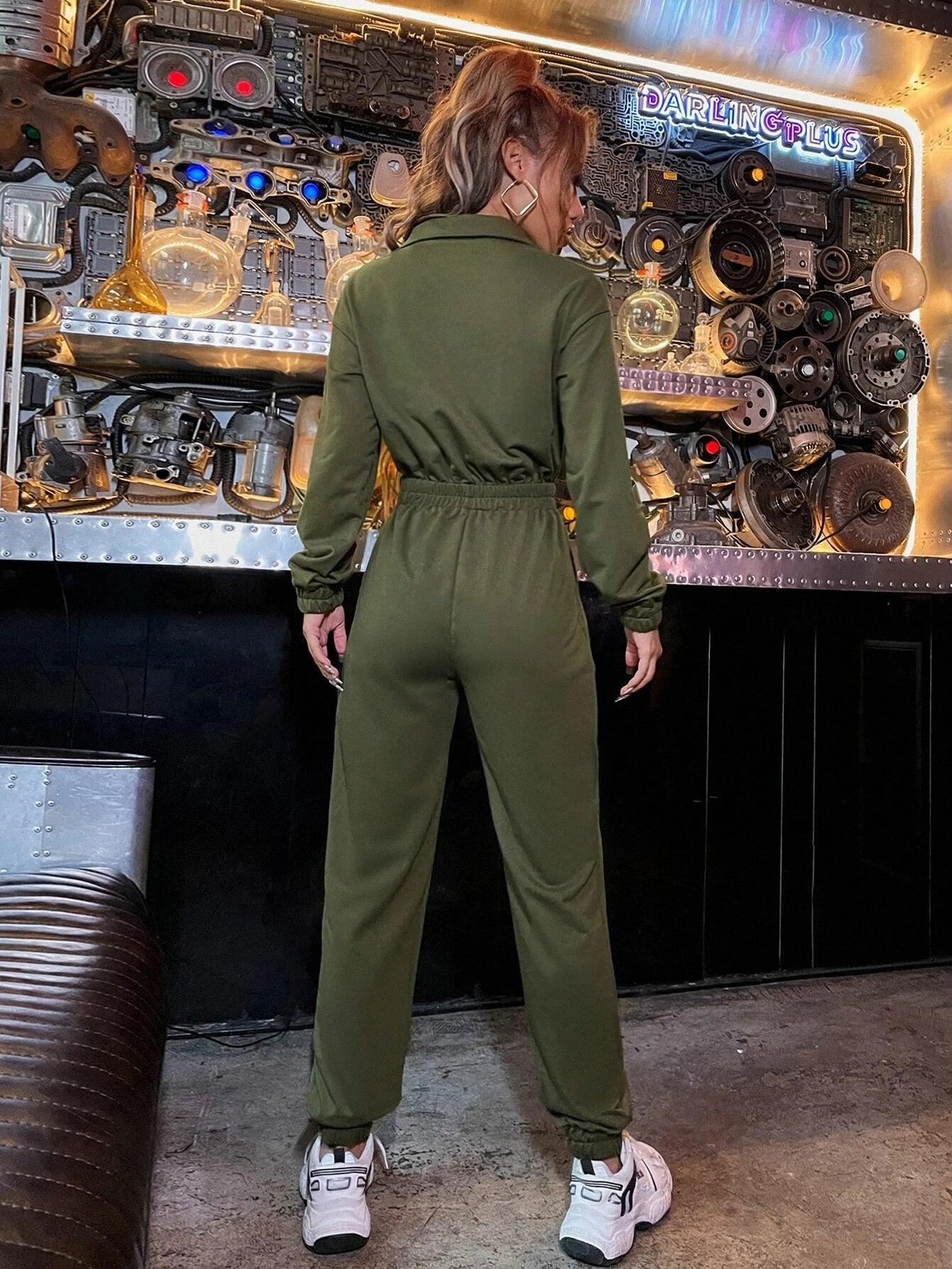 Zip Up Drop Shoulder Flap Pocket Jumpsuit-Comfy Jumpsuits