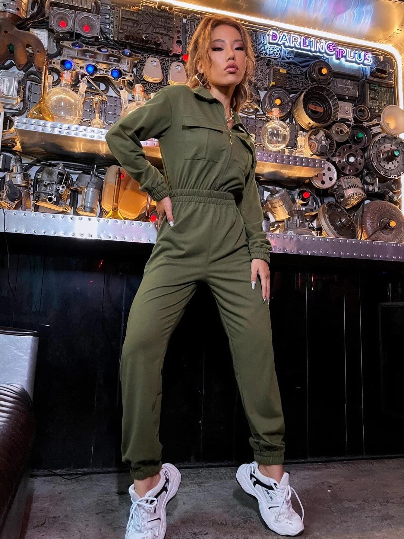 Zip Up Drop Shoulder Flap Pocket Jumpsuit-Comfy Jumpsuits