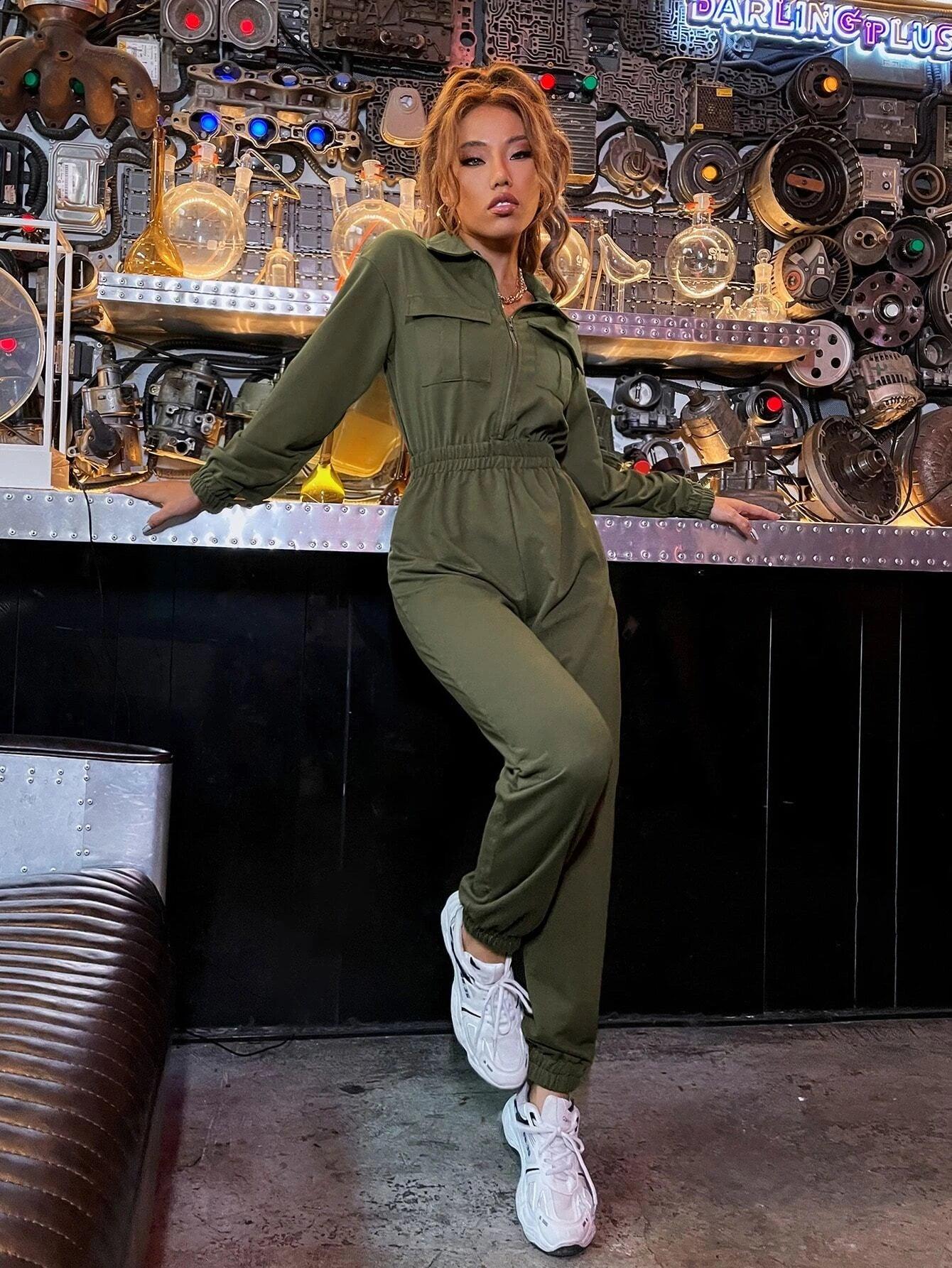 Zip Up Drop Shoulder Flap Pocket Jumpsuit-Comfy Jumpsuits