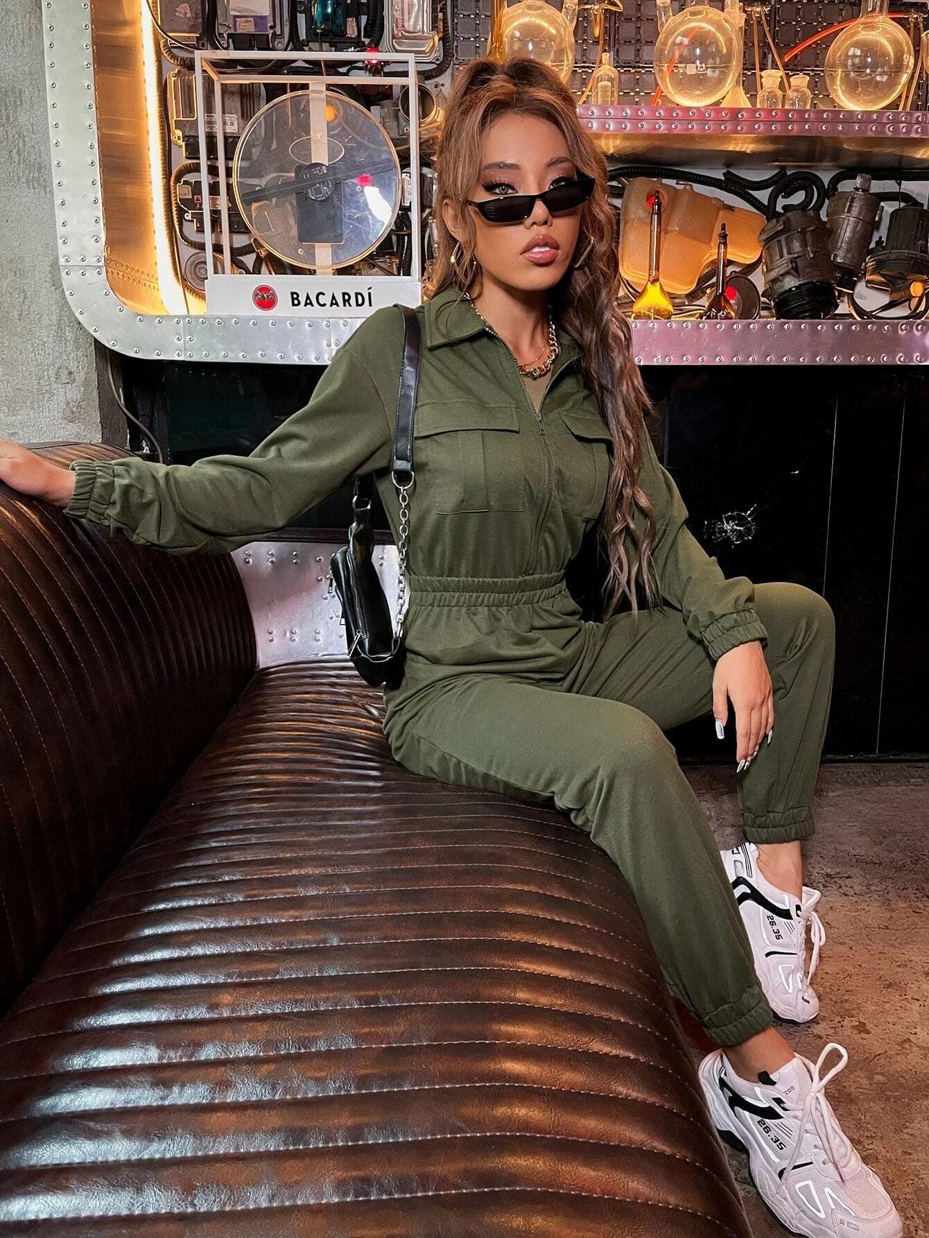 Zip Up Drop Shoulder Flap Pocket Jumpsuit-Comfy Jumpsuits