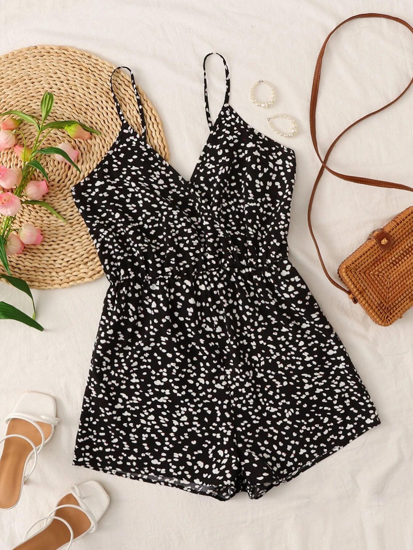 Wrap Detail Ditsy Floral Cami Romper-Comfy Jumpsuits