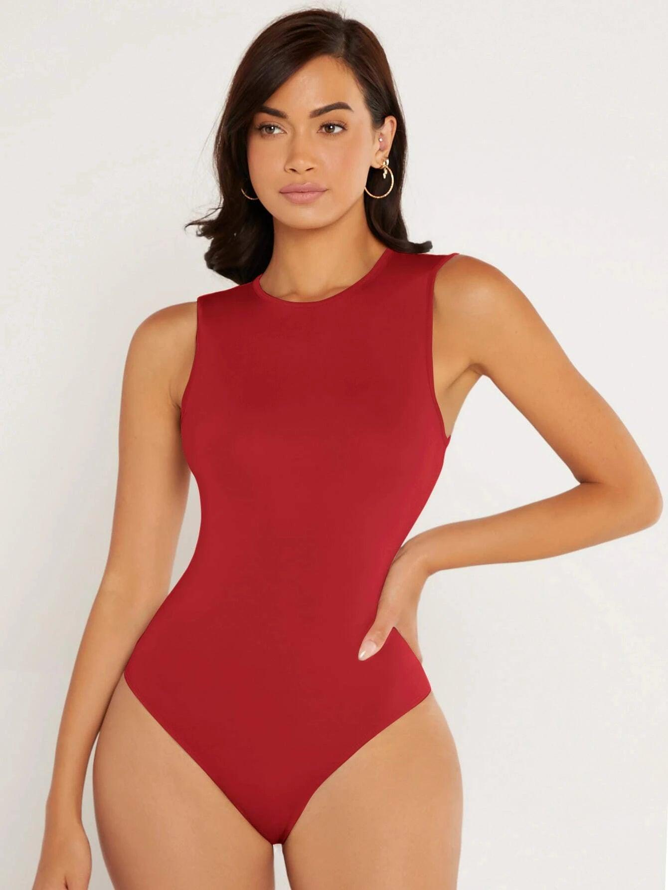Neck Fitted Tank Bodysuit-Comfy Jumpsuits