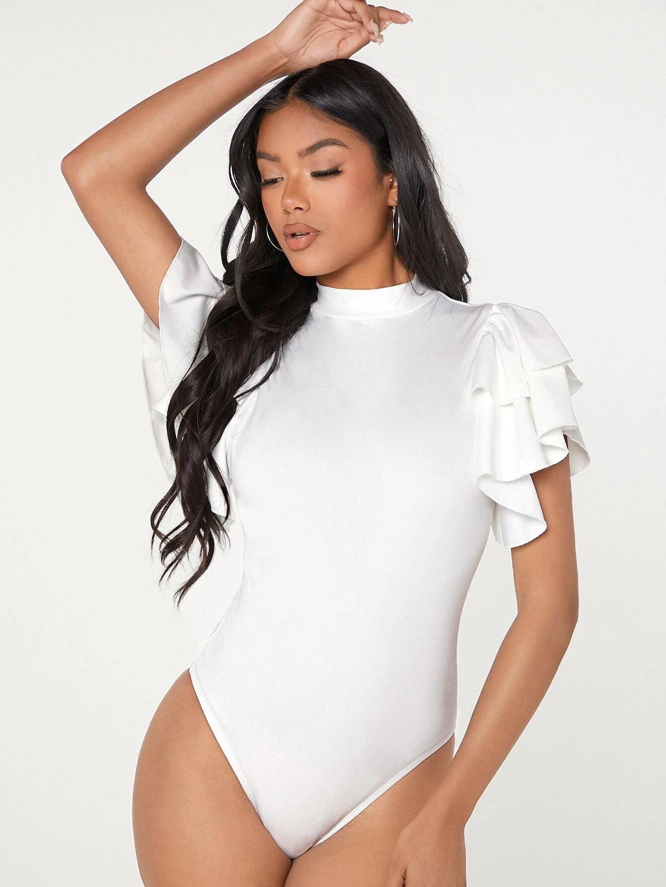 Mock-neck Layered Exaggerate Butterfly Sleeve Fitted Bodysuit-Comfy Jumpsuits