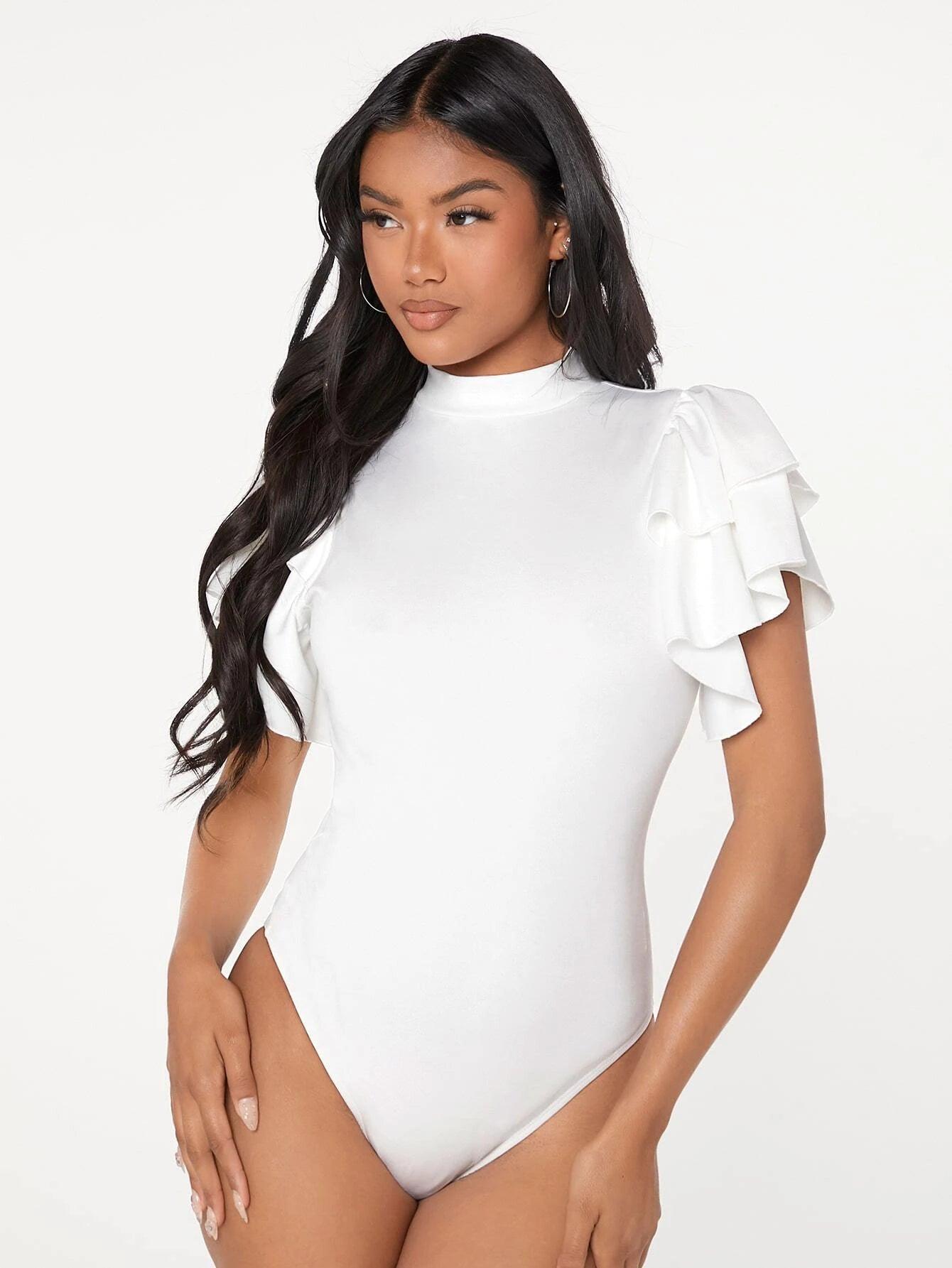 Mock-neck Layered Exaggerate Butterfly Sleeve Fitted Bodysuit-Comfy Jumpsuits