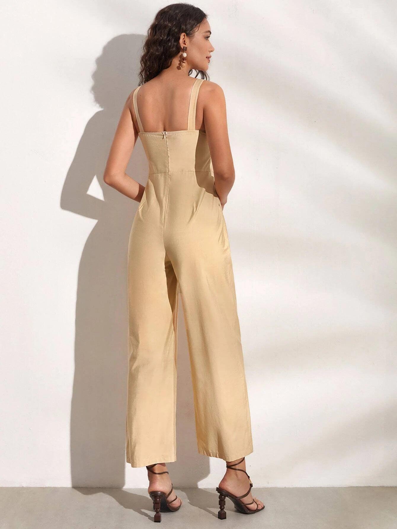 Knot Front Slant Pocket Cami Jumpsuit-Comfy Jumpsuits