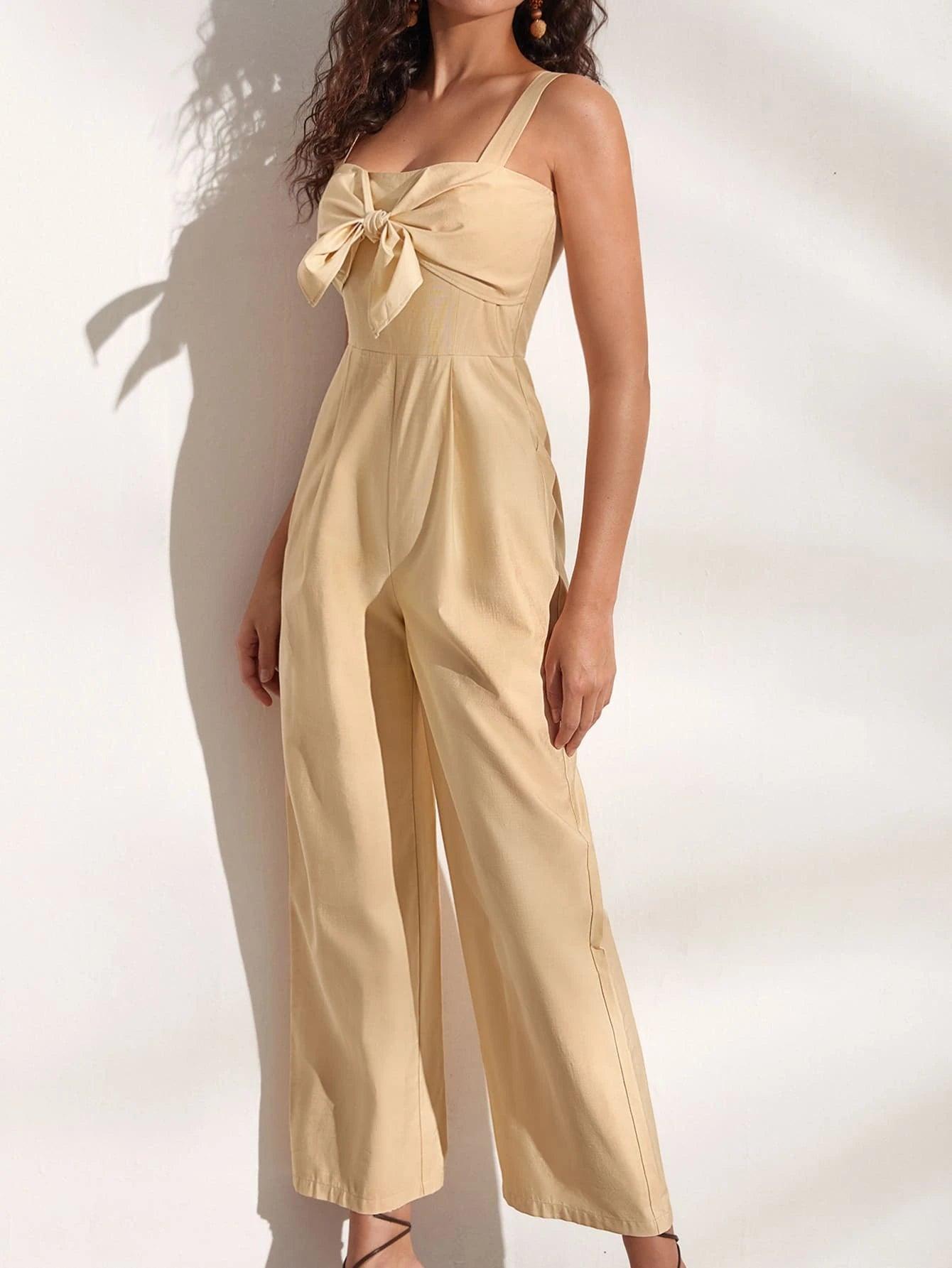 Knot Front Slant Pocket Cami Jumpsuit-Comfy Jumpsuits