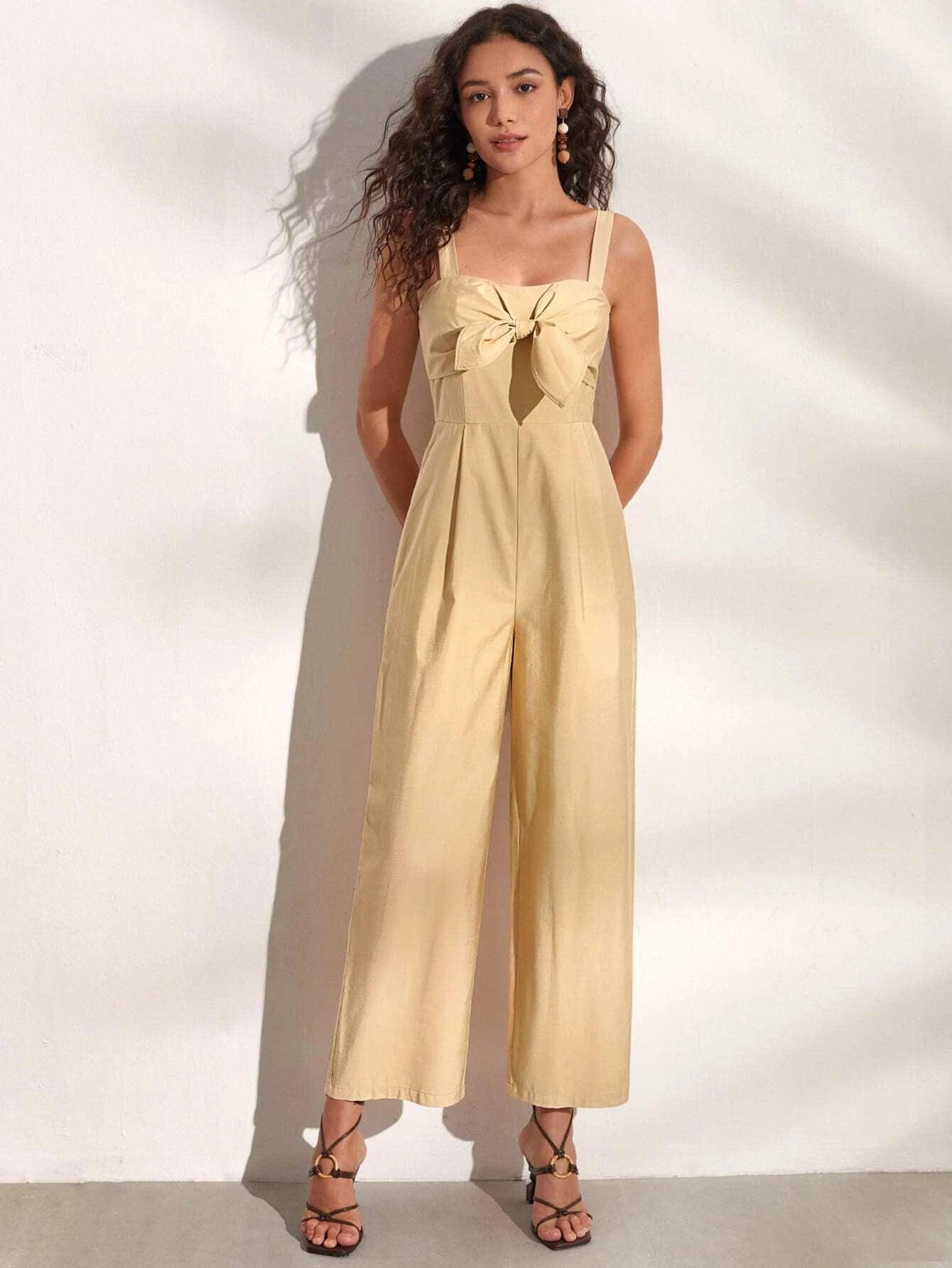 Knot Front Slant Pocket Cami Jumpsuit-Comfy Jumpsuits