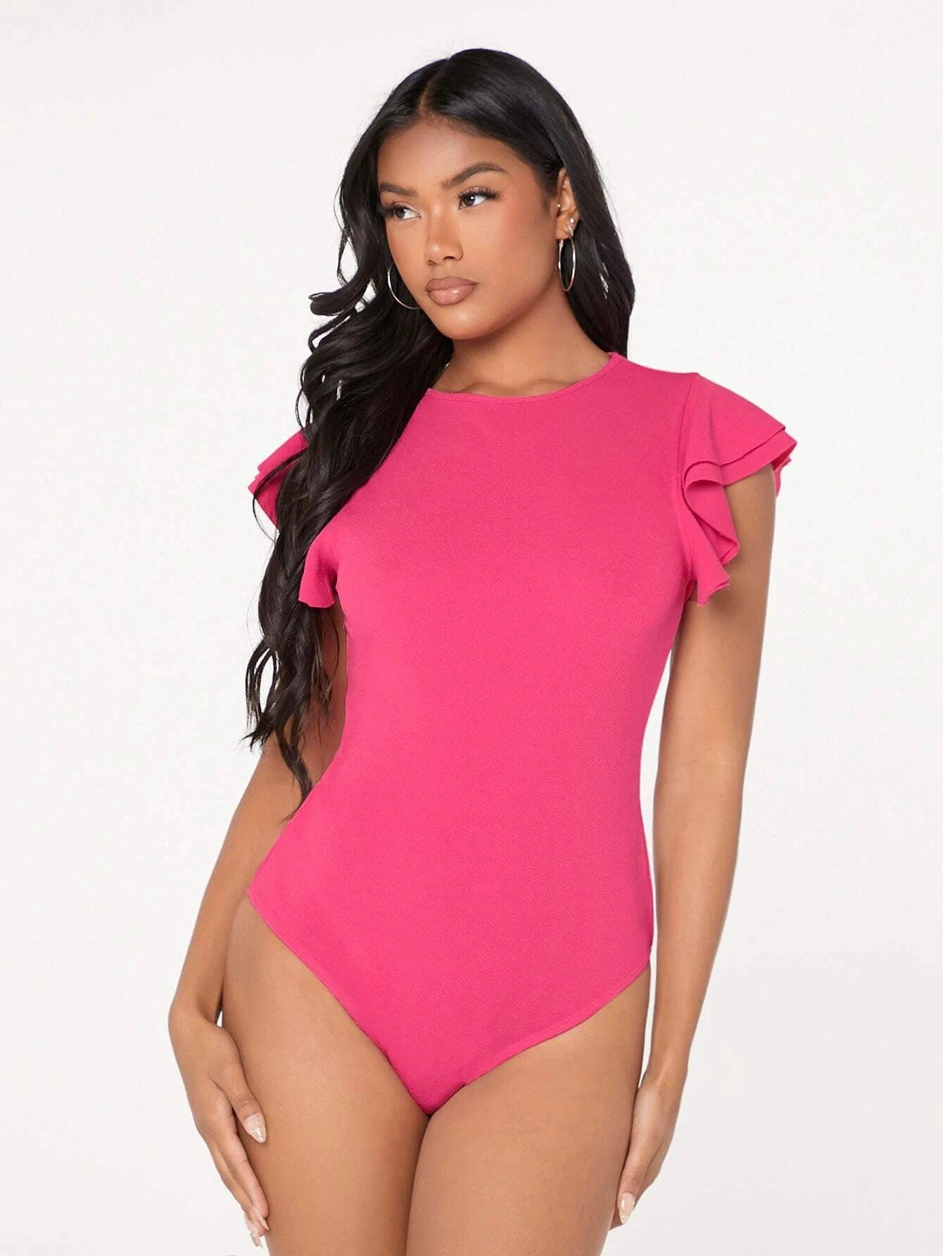 Ruffle Sleeve Solid Bodysuit-Comfy Jumpsuits