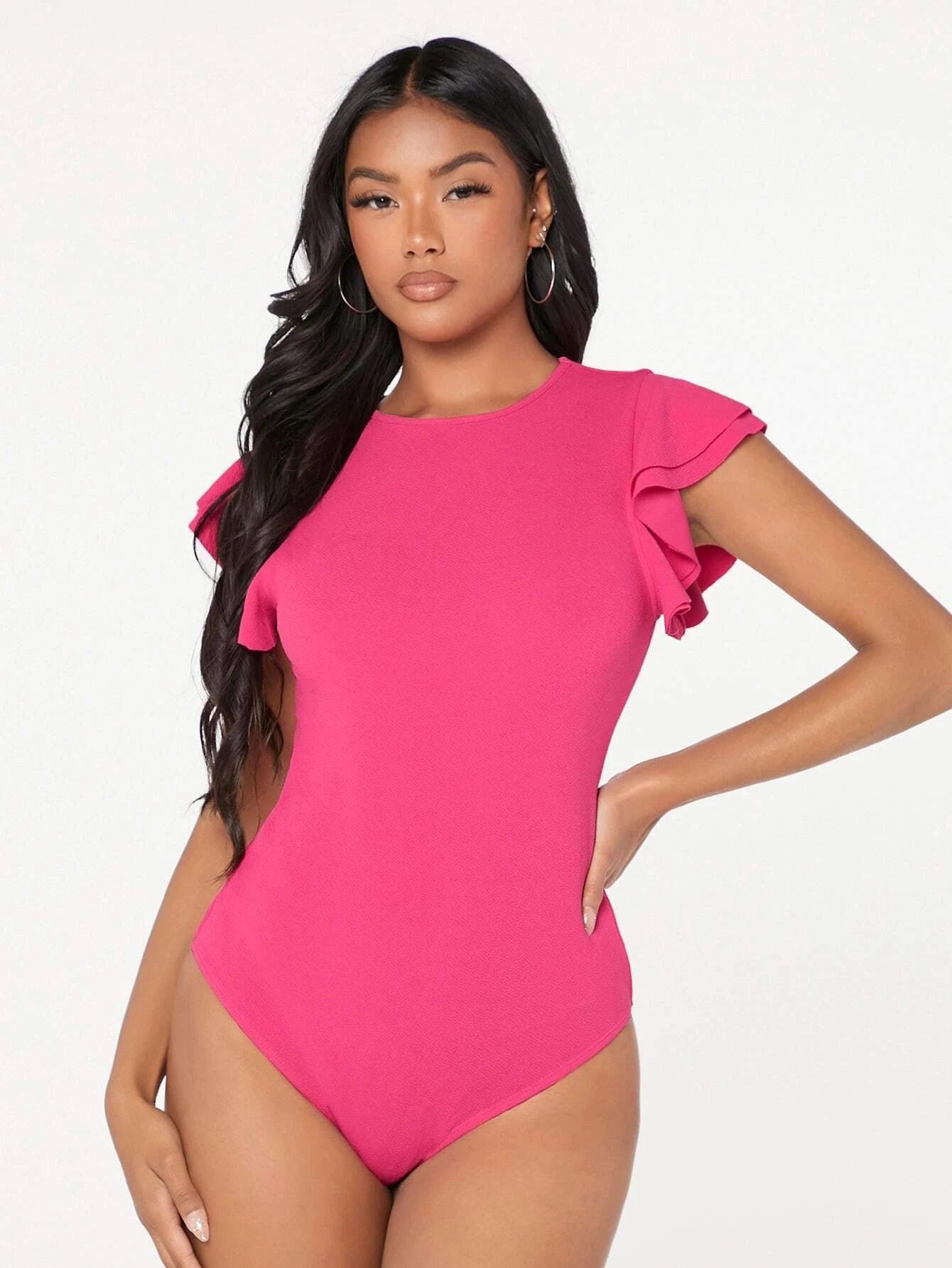 Ruffle Sleeve Solid Bodysuit-Comfy Jumpsuits