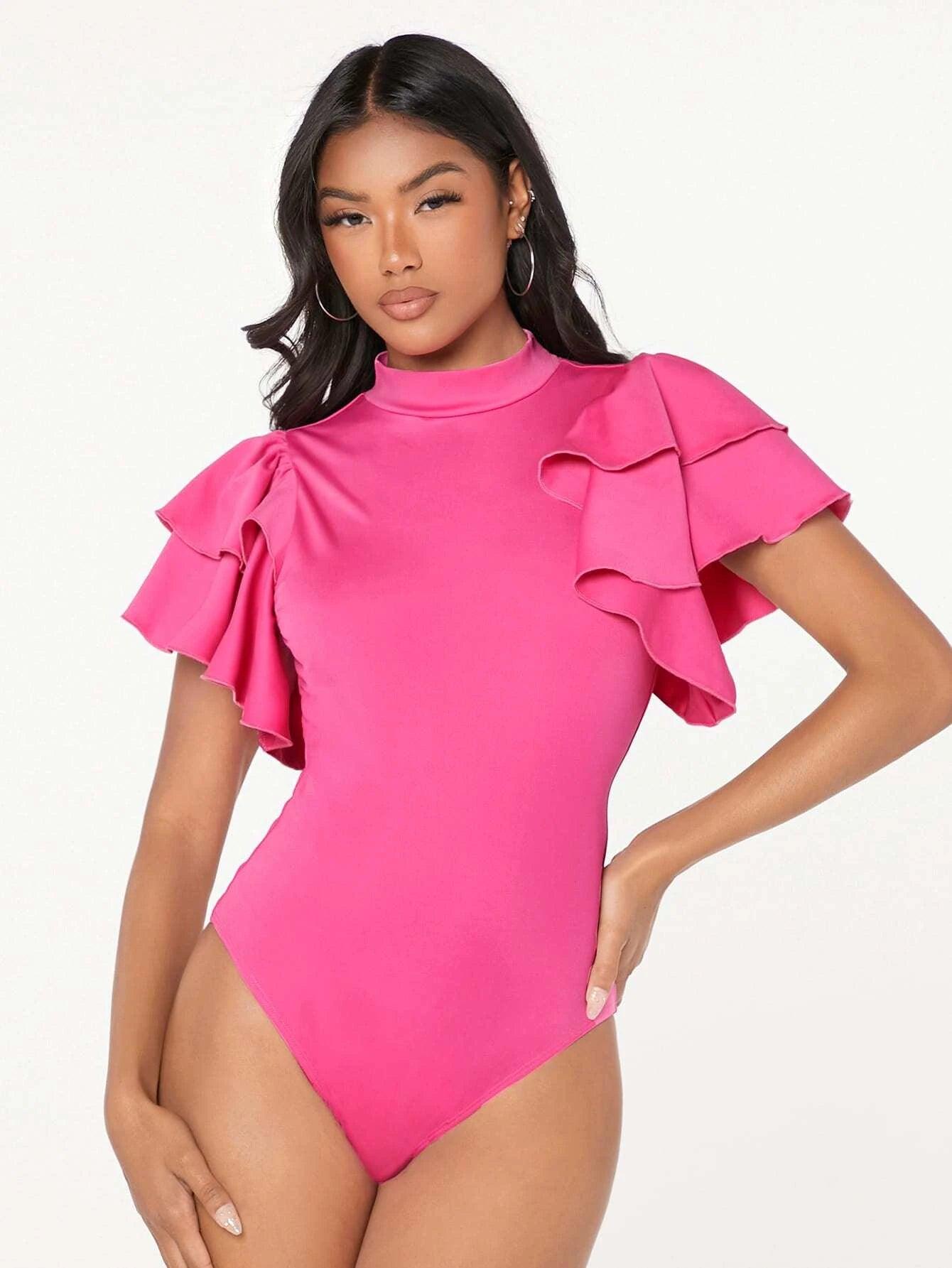 Mock-neck Layered Exaggerate Butterfly Sleeve Fitted Bodysuit-Comfy Jumpsuits