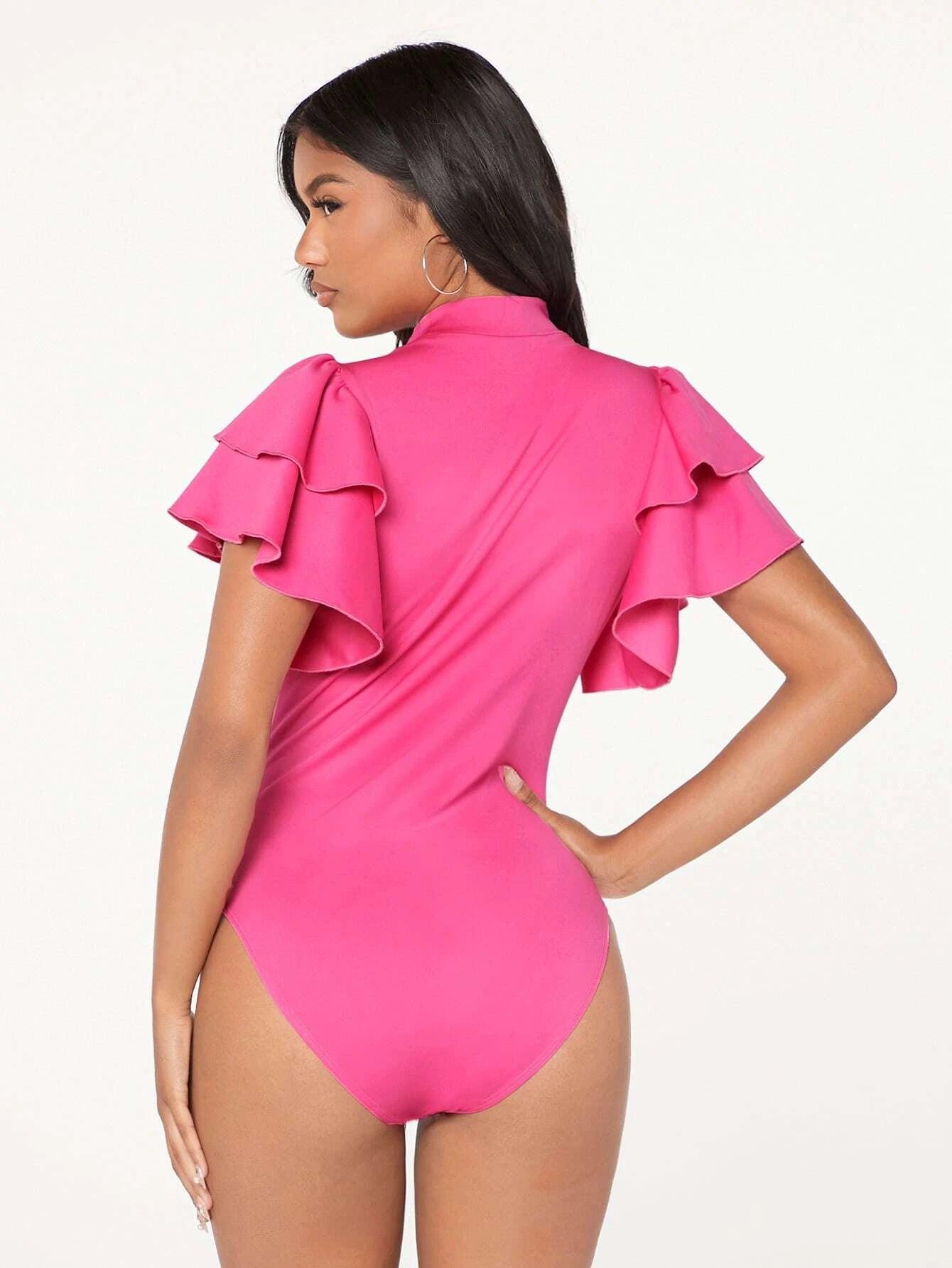 Mock-neck Layered Exaggerate Butterfly Sleeve Fitted Bodysuit-Comfy Jumpsuits