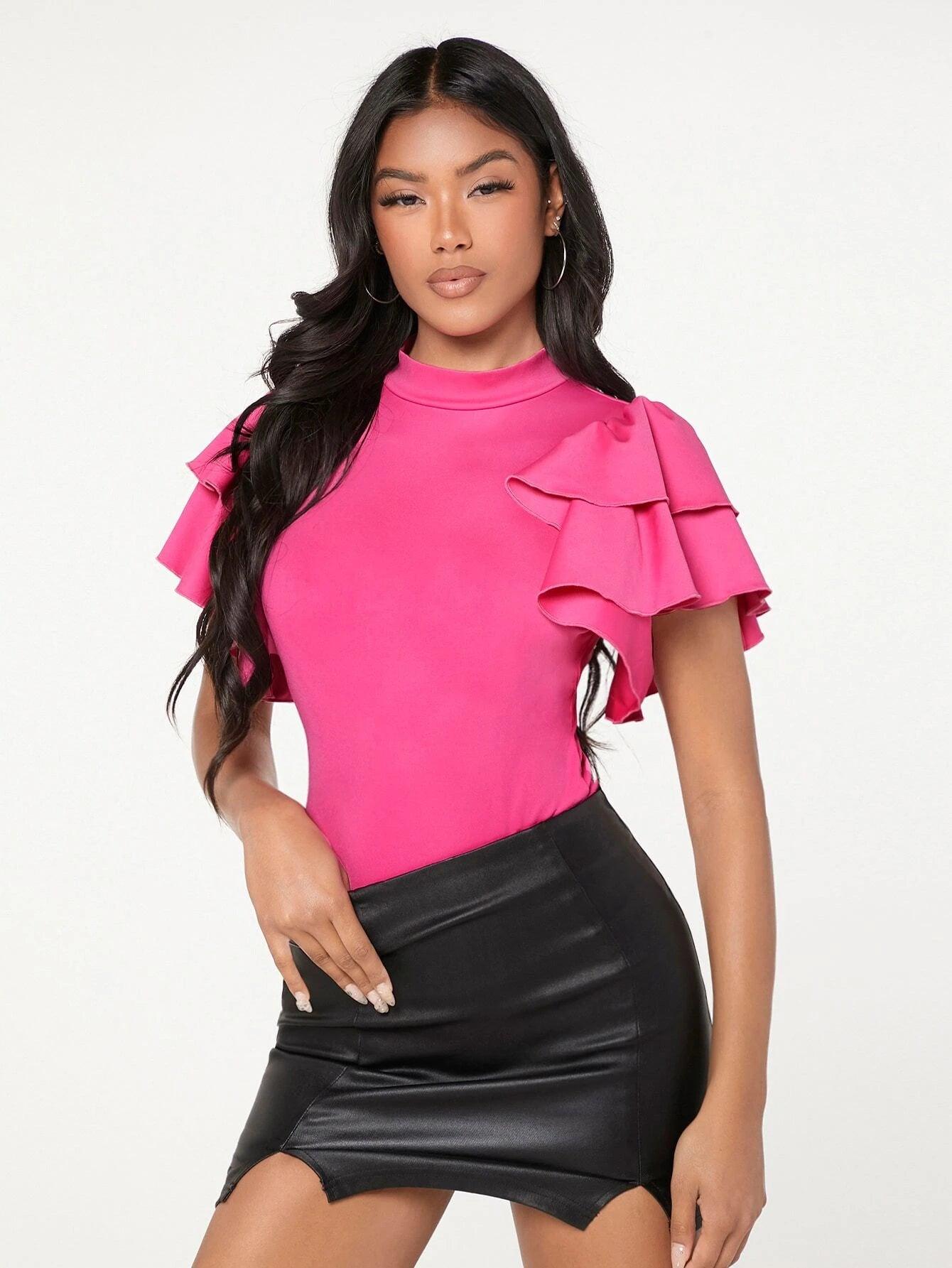 Mock-neck Layered Exaggerate Butterfly Sleeve Fitted Bodysuit-Comfy Jumpsuits