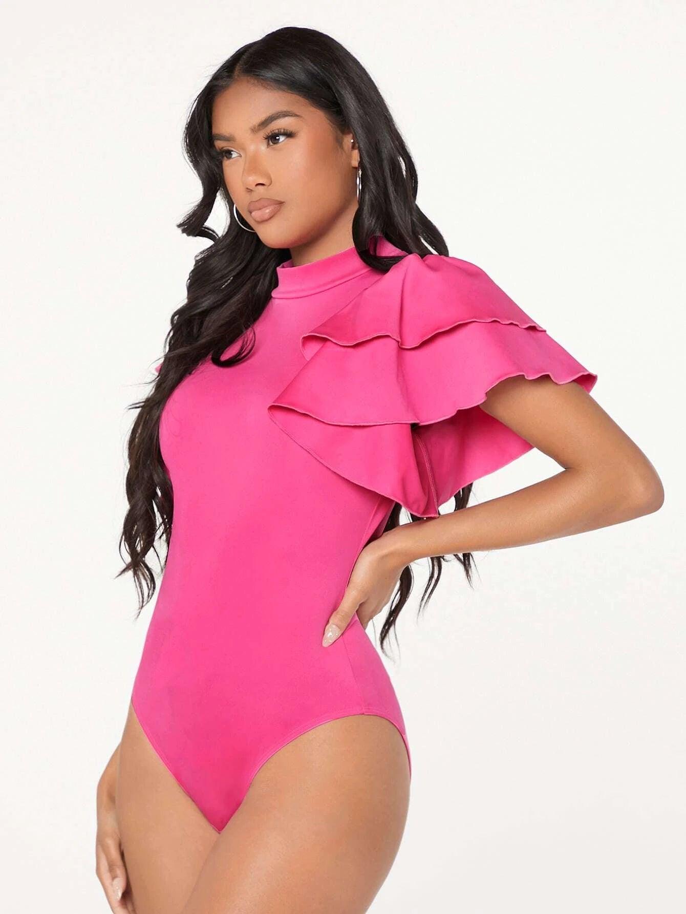 Mock-neck Layered Exaggerate Butterfly Sleeve Fitted Bodysuit-Comfy Jumpsuits