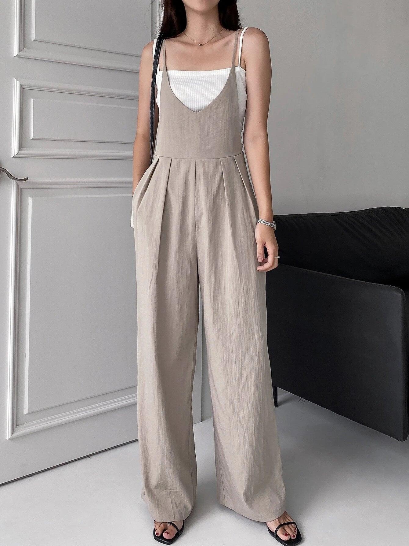 Tie Back Plicated Detail Overall Jumpsuit-Comfy Jumpsuits