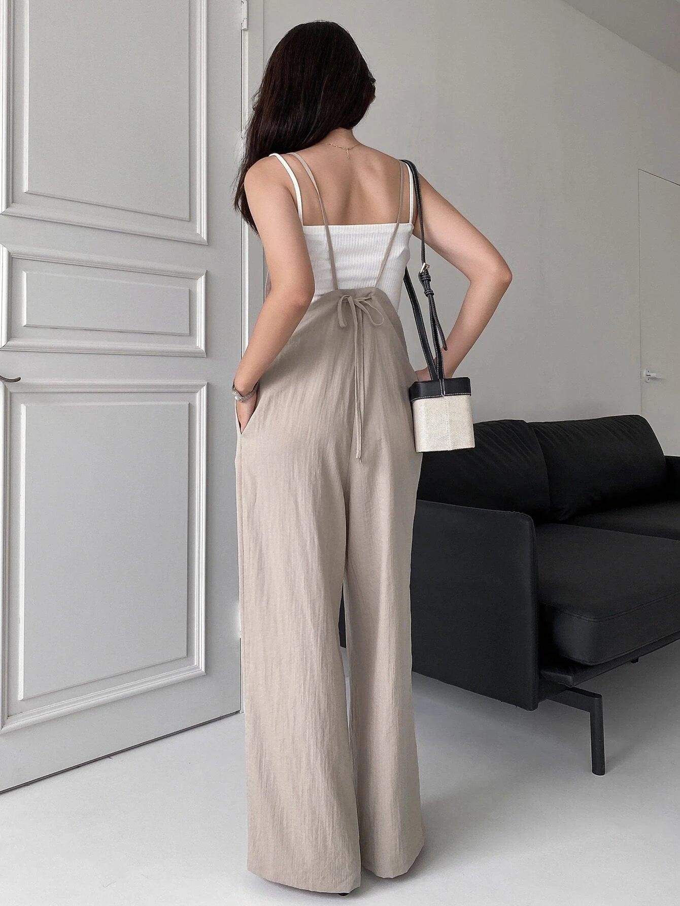 Tie Back Plicated Detail Overall Jumpsuit-Comfy Jumpsuits