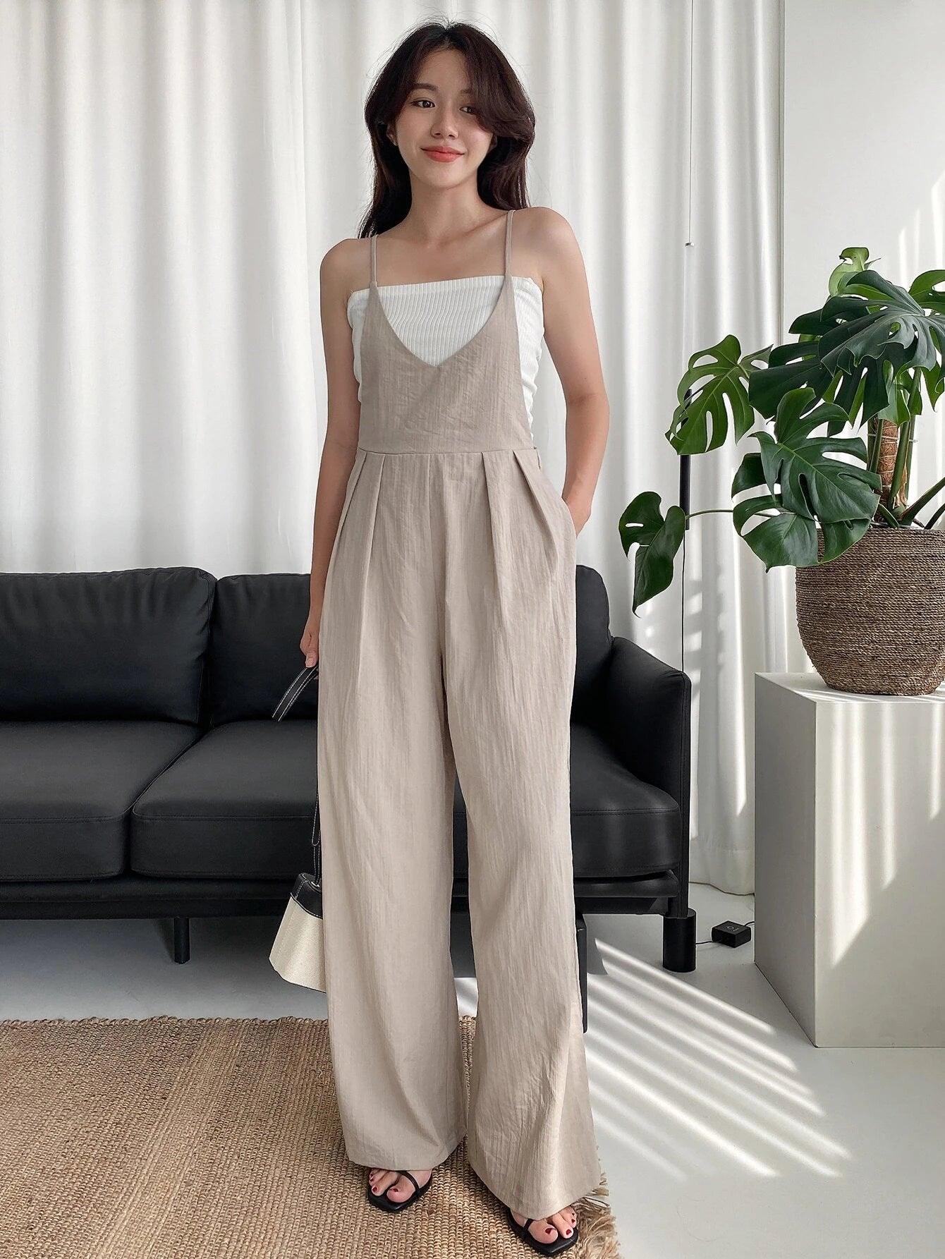 Tie Back Plicated Detail Overall Jumpsuit-Comfy Jumpsuits