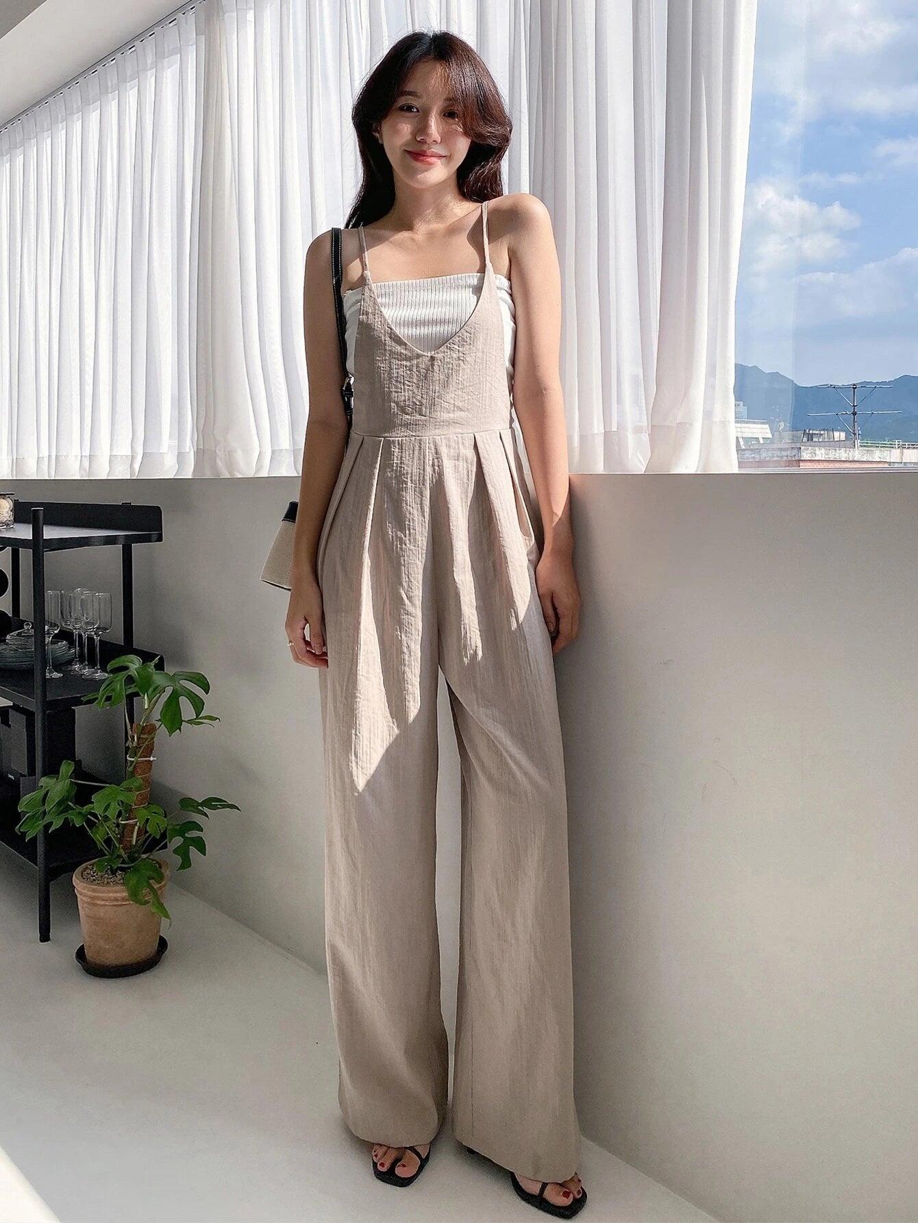 Tie Back Plicated Detail Overall Jumpsuit-Comfy Jumpsuits