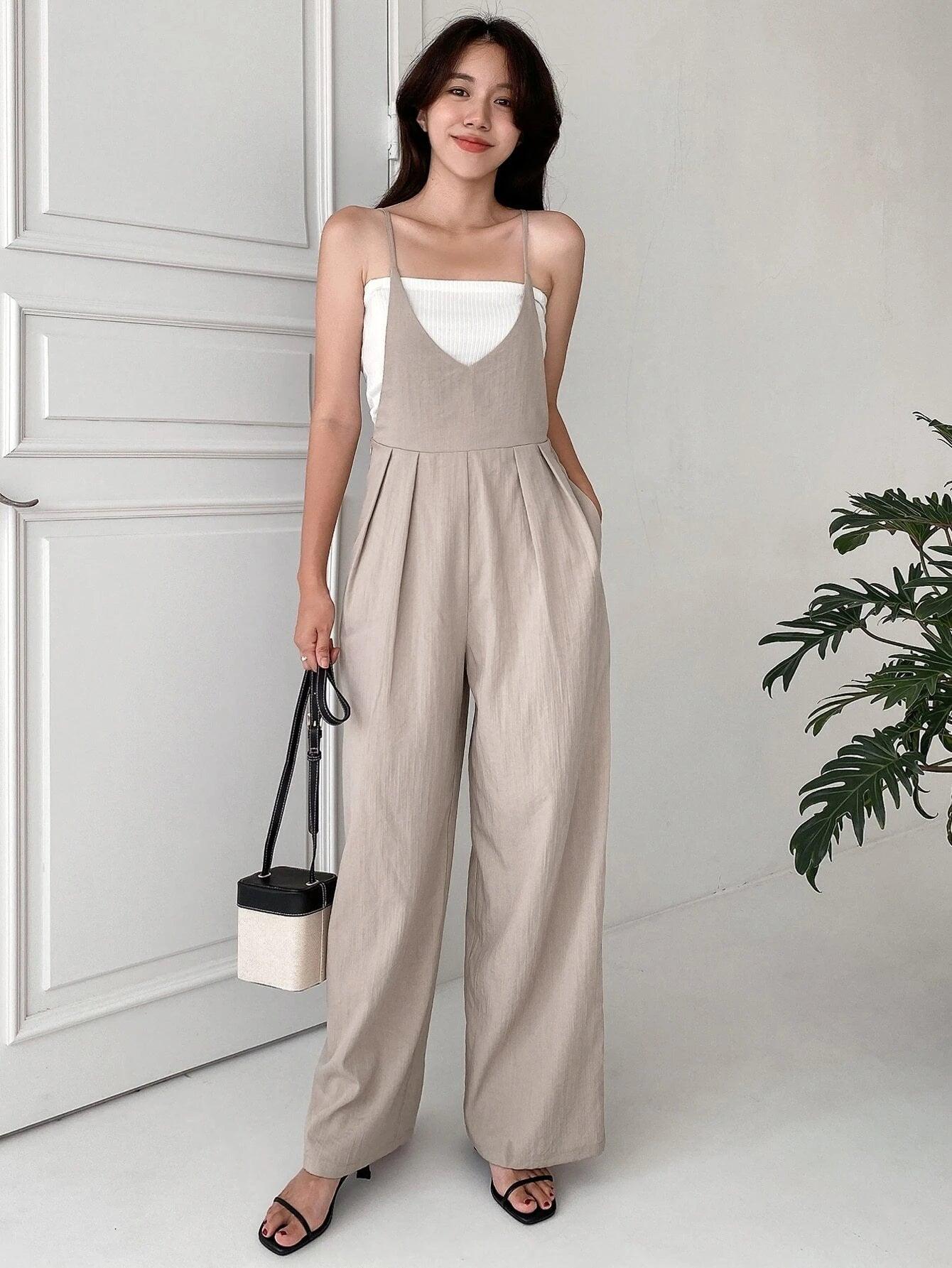 Tie Back Plicated Detail Overall Jumpsuit-Comfy Jumpsuits