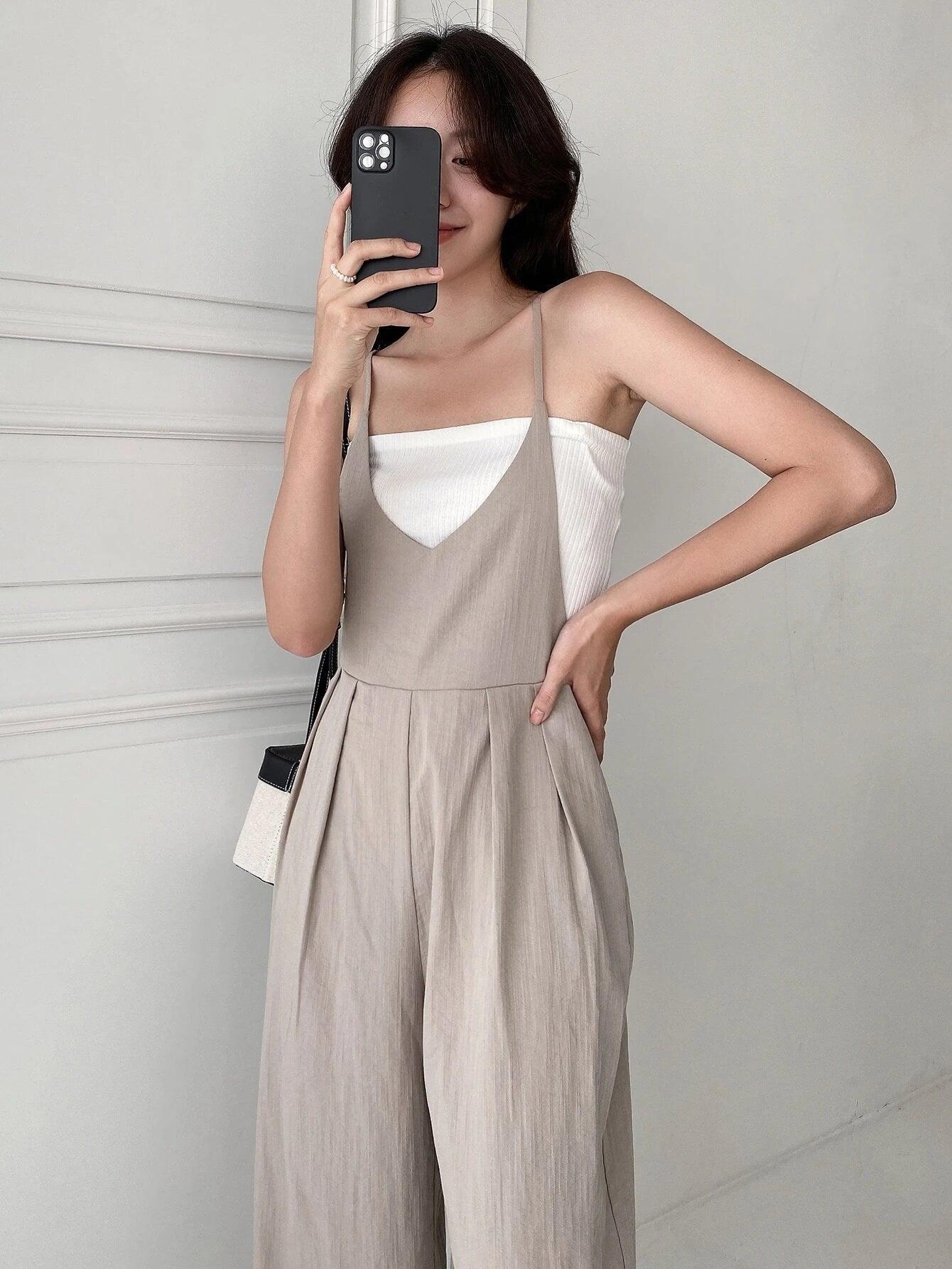 Tie Back Plicated Detail Overall Jumpsuit-Comfy Jumpsuits