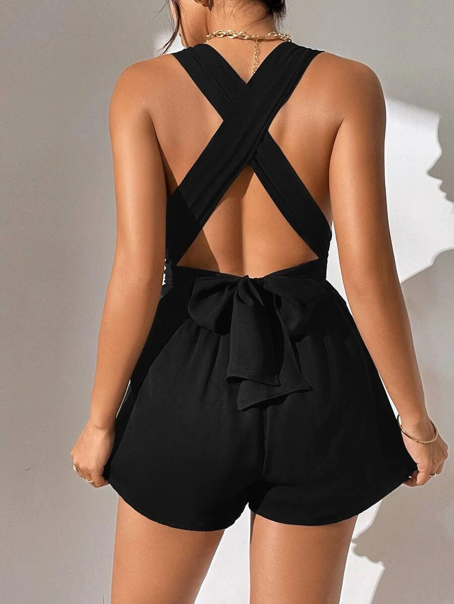 Plunging Neck Crisscross Knot Back Romper-Comfy Jumpsuits