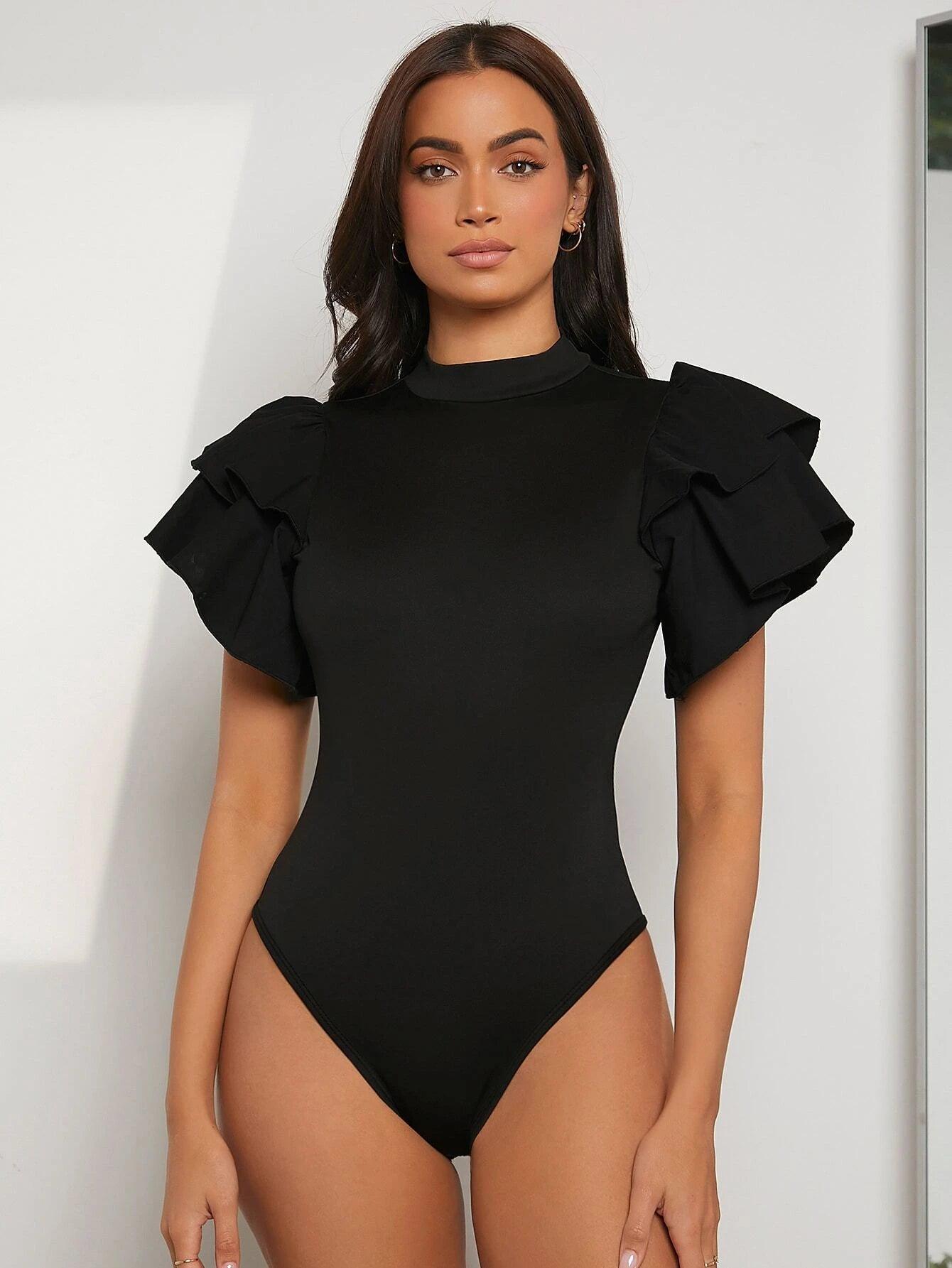 Mock-neck Layered Exaggerate Butterfly Sleeve Fitted Bodysuit-Comfy Jumpsuits