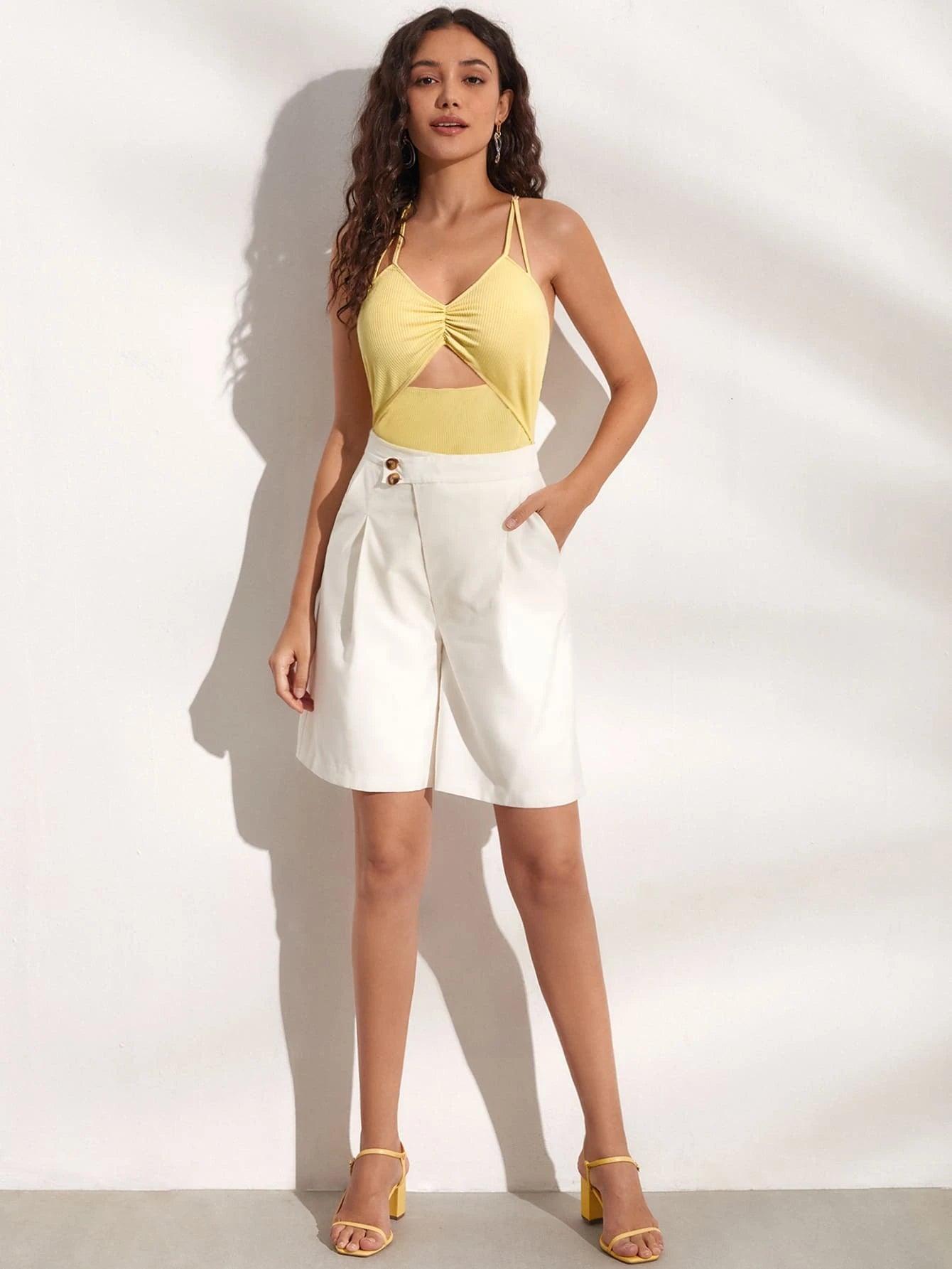 Ruched Front Crisscross Back Cami Bodysuit-Comfy Jumpsuits