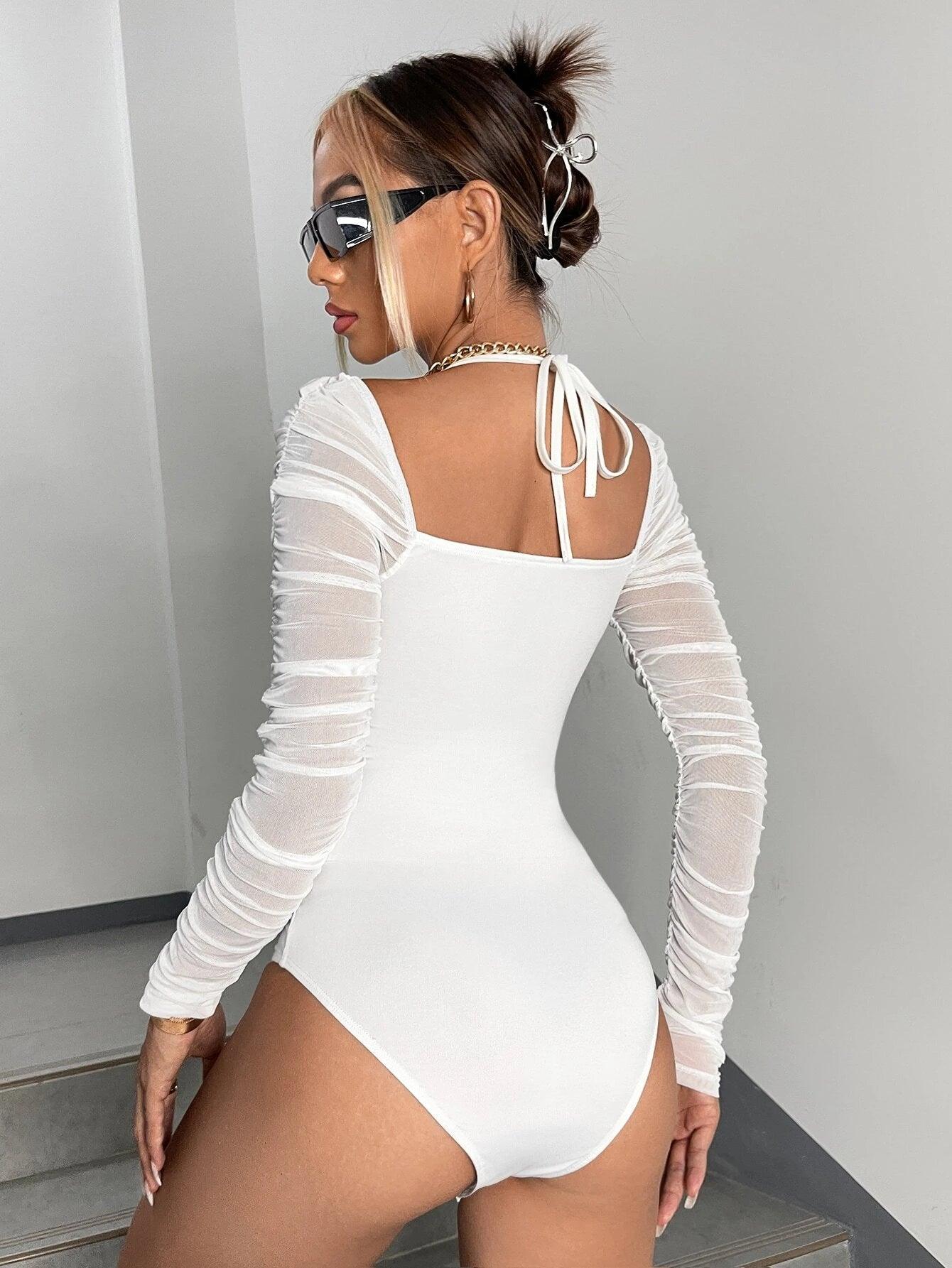 Contrast Mesh Halter Neck Ruched Bodysuit-Comfy Jumpsuits