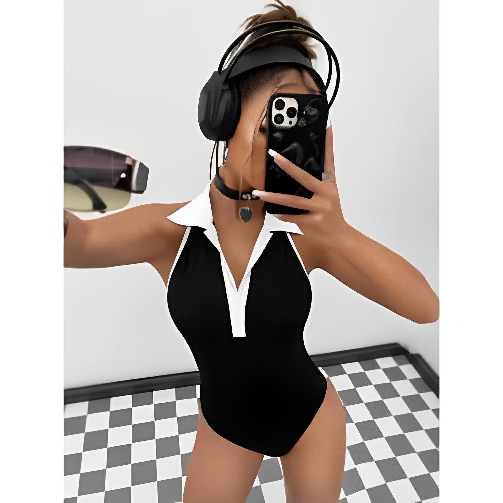 Contrast Binding Backless Halter Bodysuit-Comfy Jumpsuits