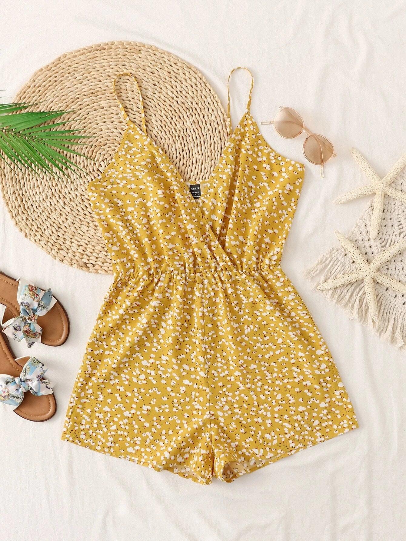 Wrap Detail Ditsy Floral Cami Romper-Comfy Jumpsuits