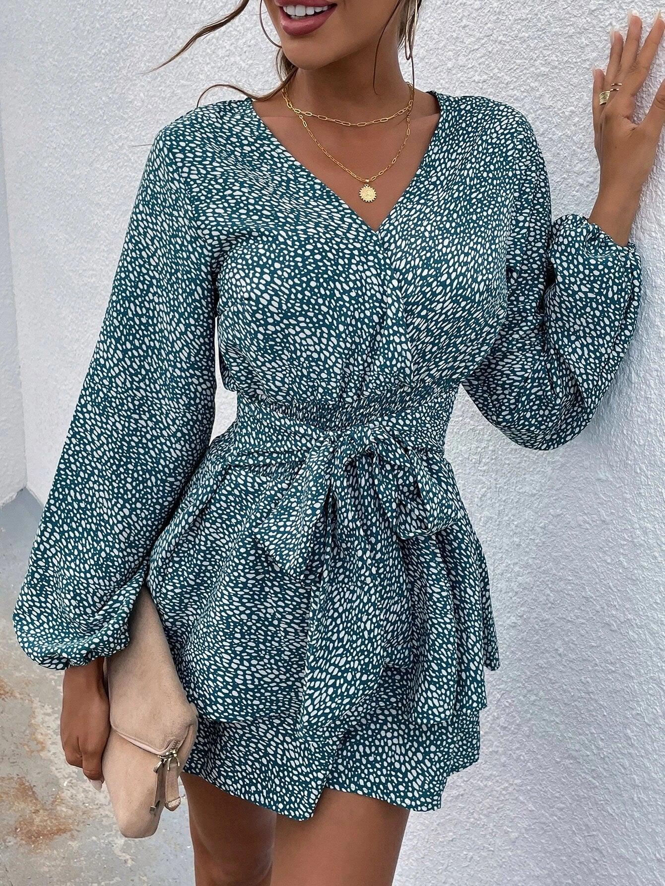 Print Lantern Sleeve Layered Hem Belted Romper-Comfy Jumpsuits