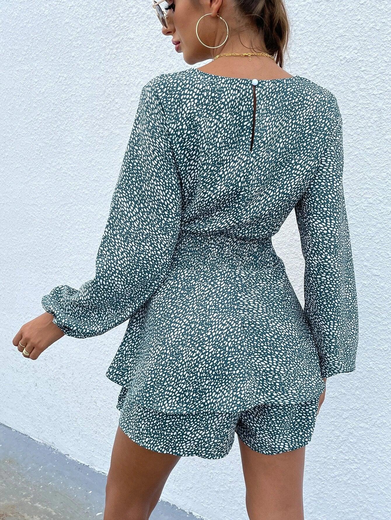 Print Lantern Sleeve Layered Hem Belted Romper-Comfy Jumpsuits