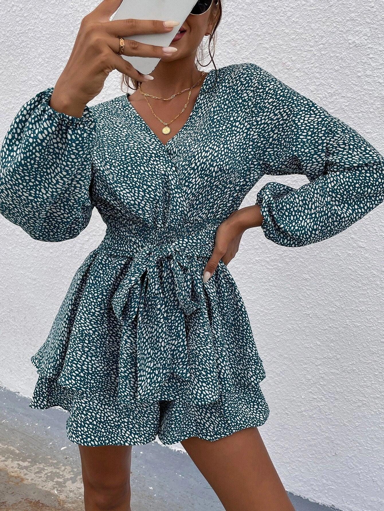 Print Lantern Sleeve Layered Hem Belted Romper-Comfy Jumpsuits