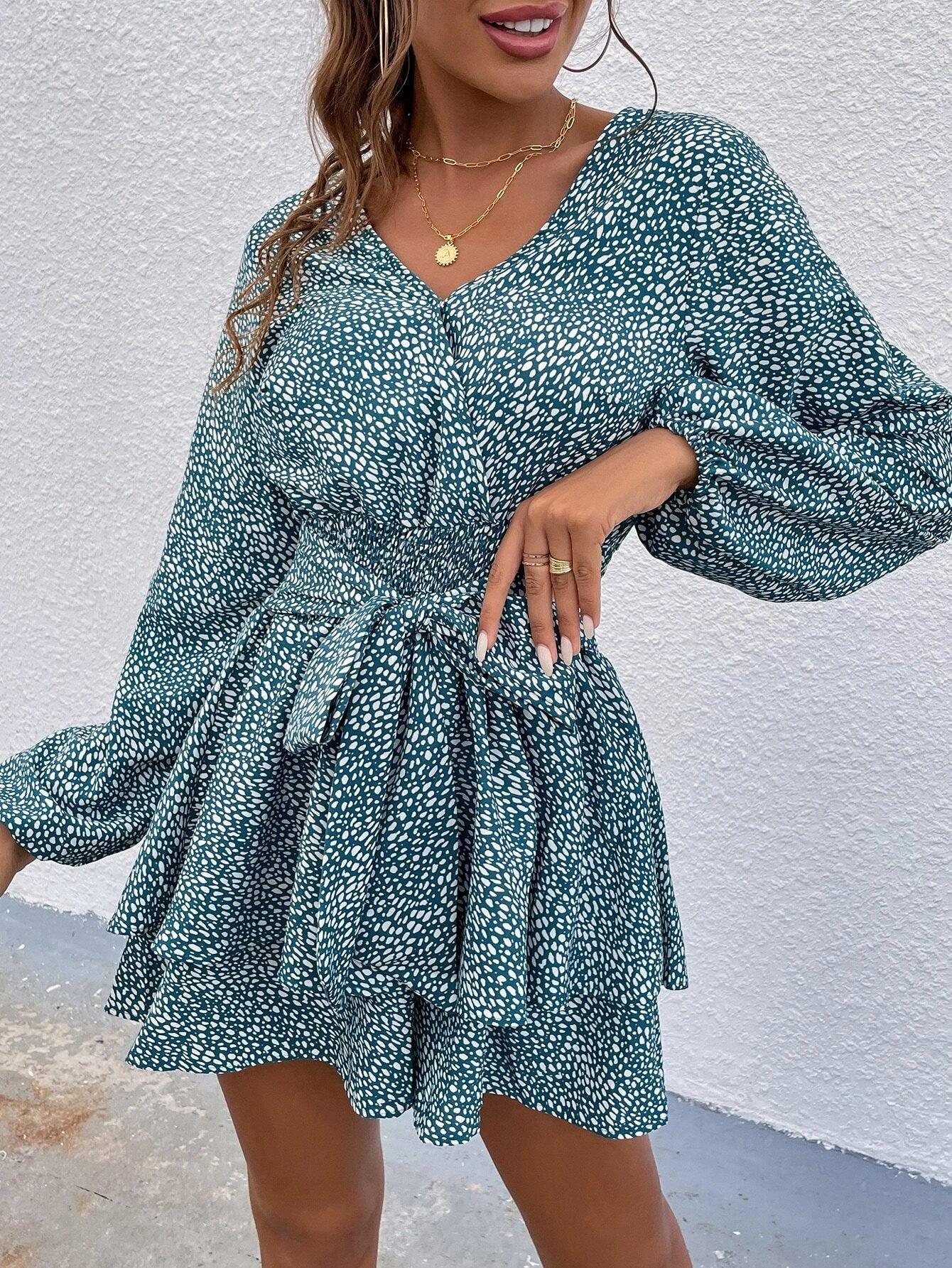 Print Lantern Sleeve Layered Hem Belted Romper-Comfy Jumpsuits