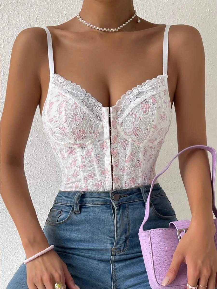 Hook And Eye Lace Cami Bodysuit-Comfy Jumpsuits