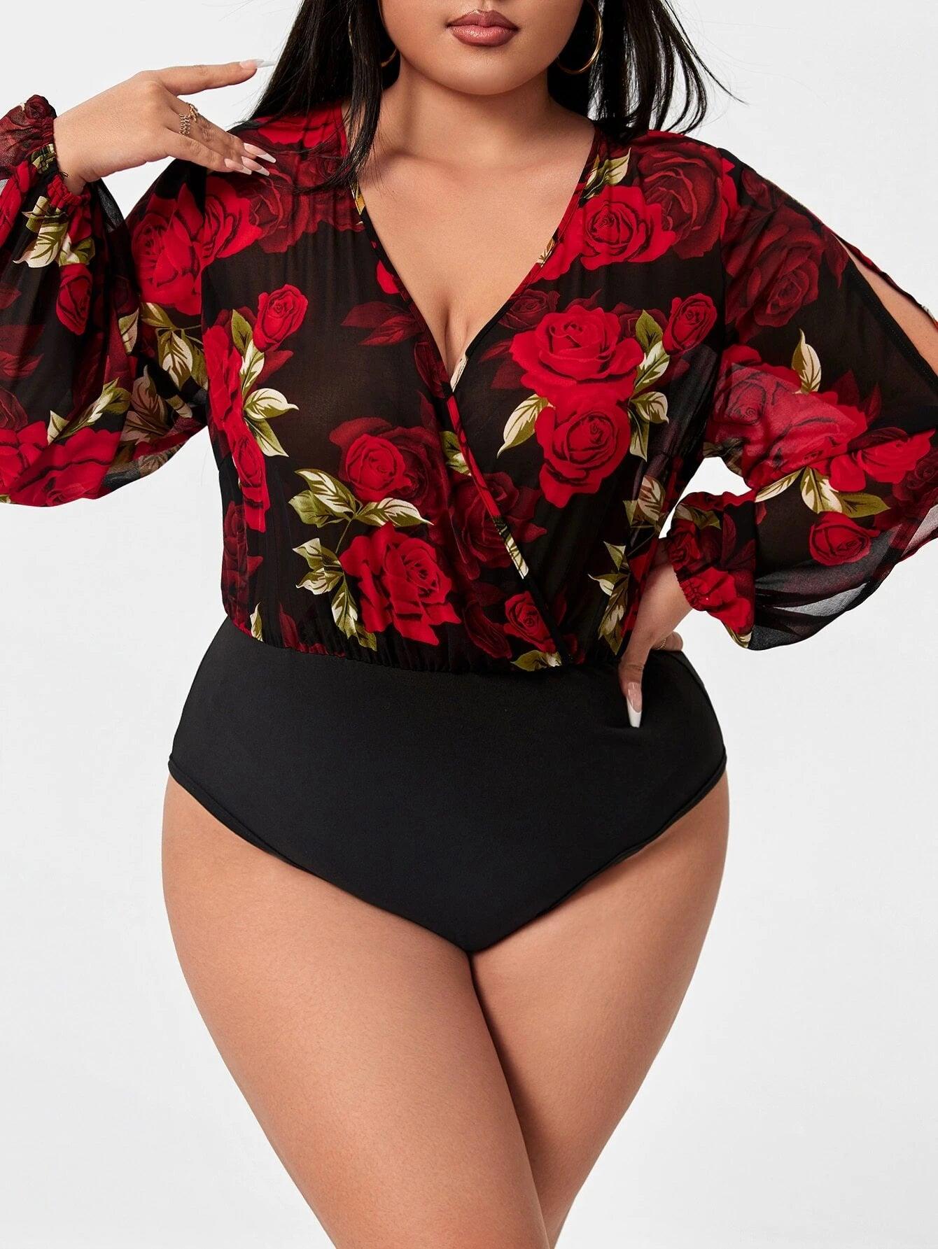 Plus Floral Print Split Sleeve V-neck Bodysuit-Comfy Jumpsuits