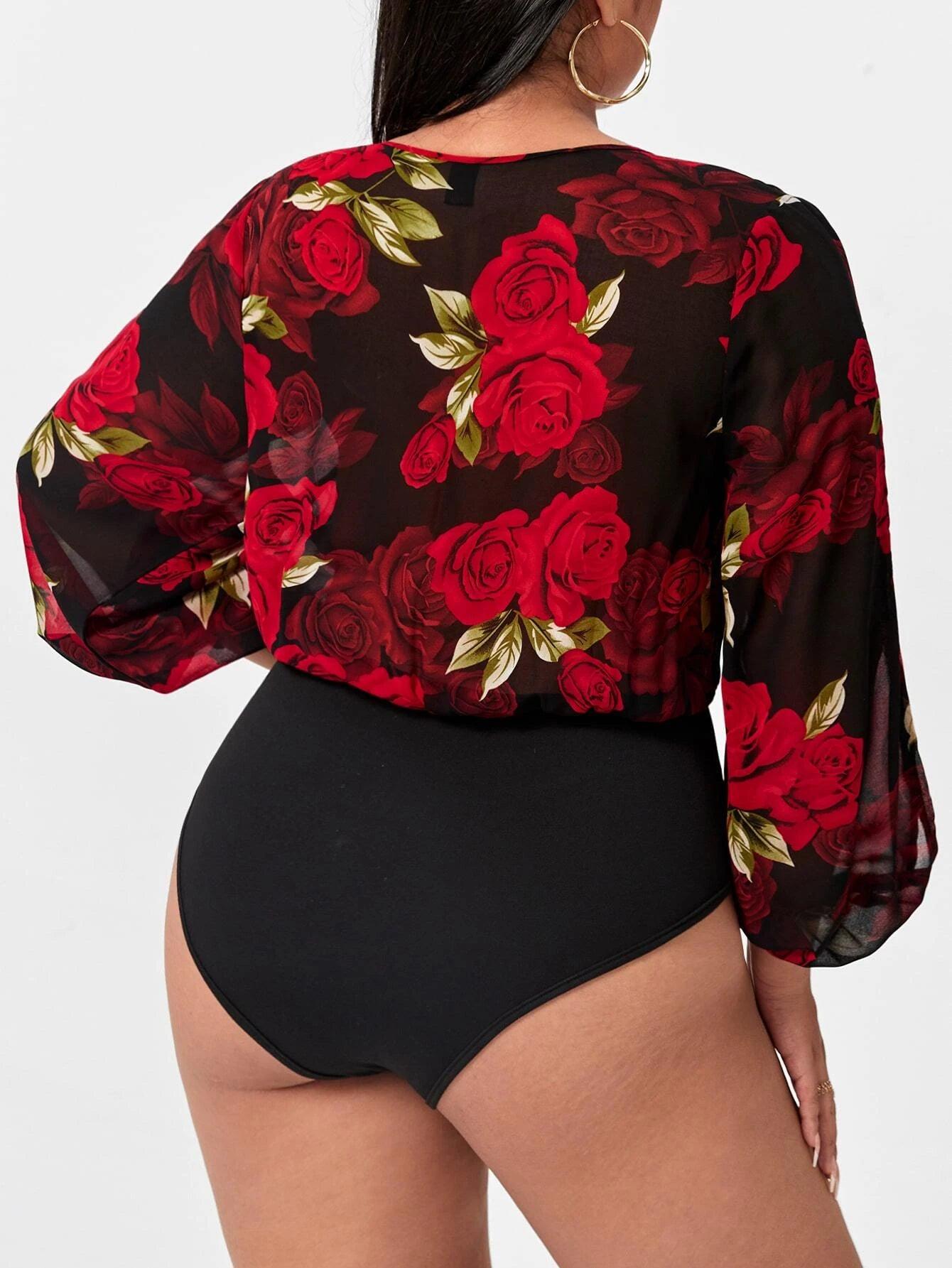 Plus Floral Print Split Sleeve V-neck Bodysuit-Comfy Jumpsuits