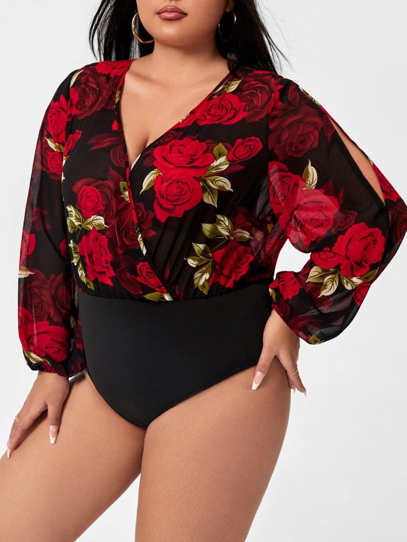 Plus Floral Print Split Sleeve V-neck Bodysuit-Comfy Jumpsuits