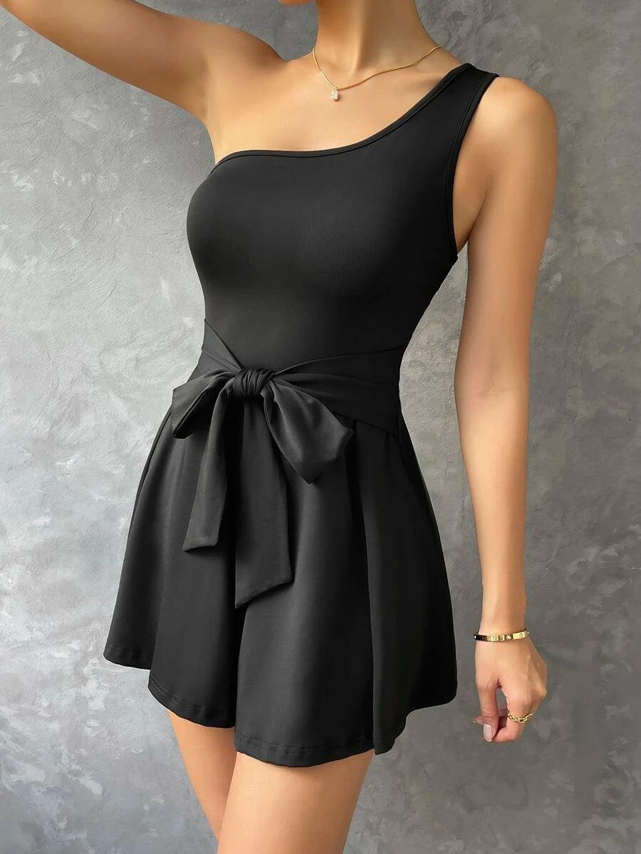 One Shoulder Front Knot Romper-Comfy Jumpsuits