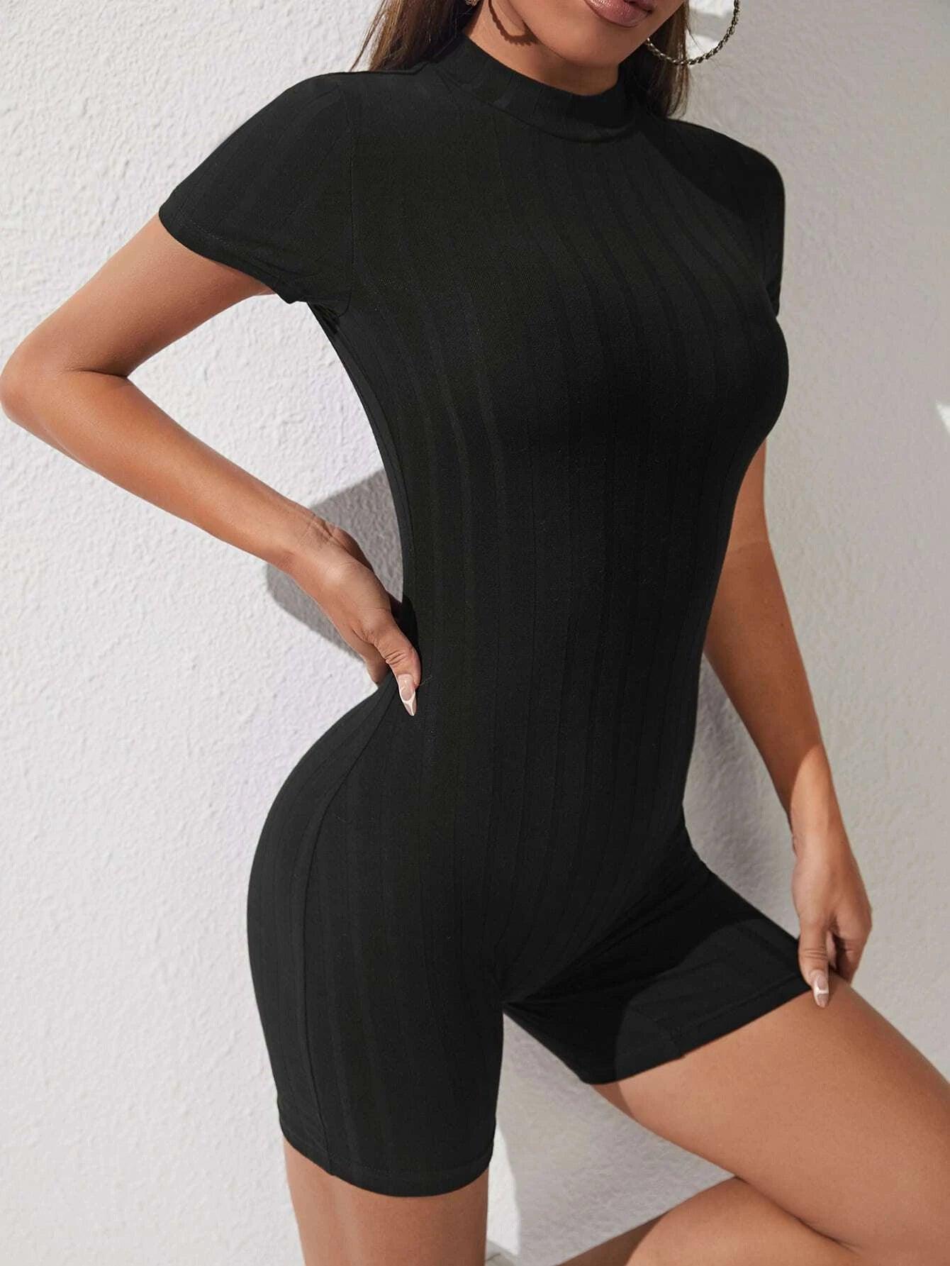 Mock Neck Zip Back Unitard Romper-Comfy Jumpsuits