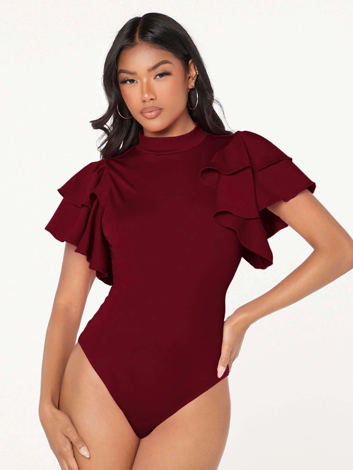 Mock-neck Layered Exaggerate Butterfly Sleeve Fitted Bodysuit-Comfy Jumpsuits