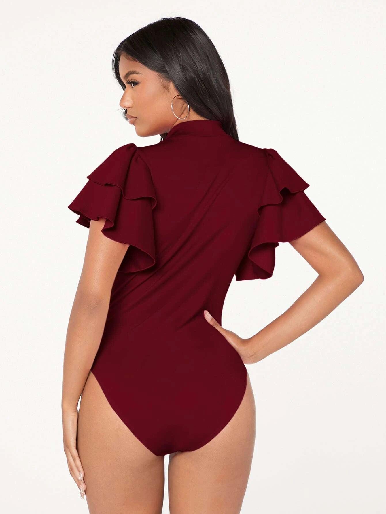 Mock-neck Layered Exaggerate Butterfly Sleeve Fitted Bodysuit-Comfy Jumpsuits