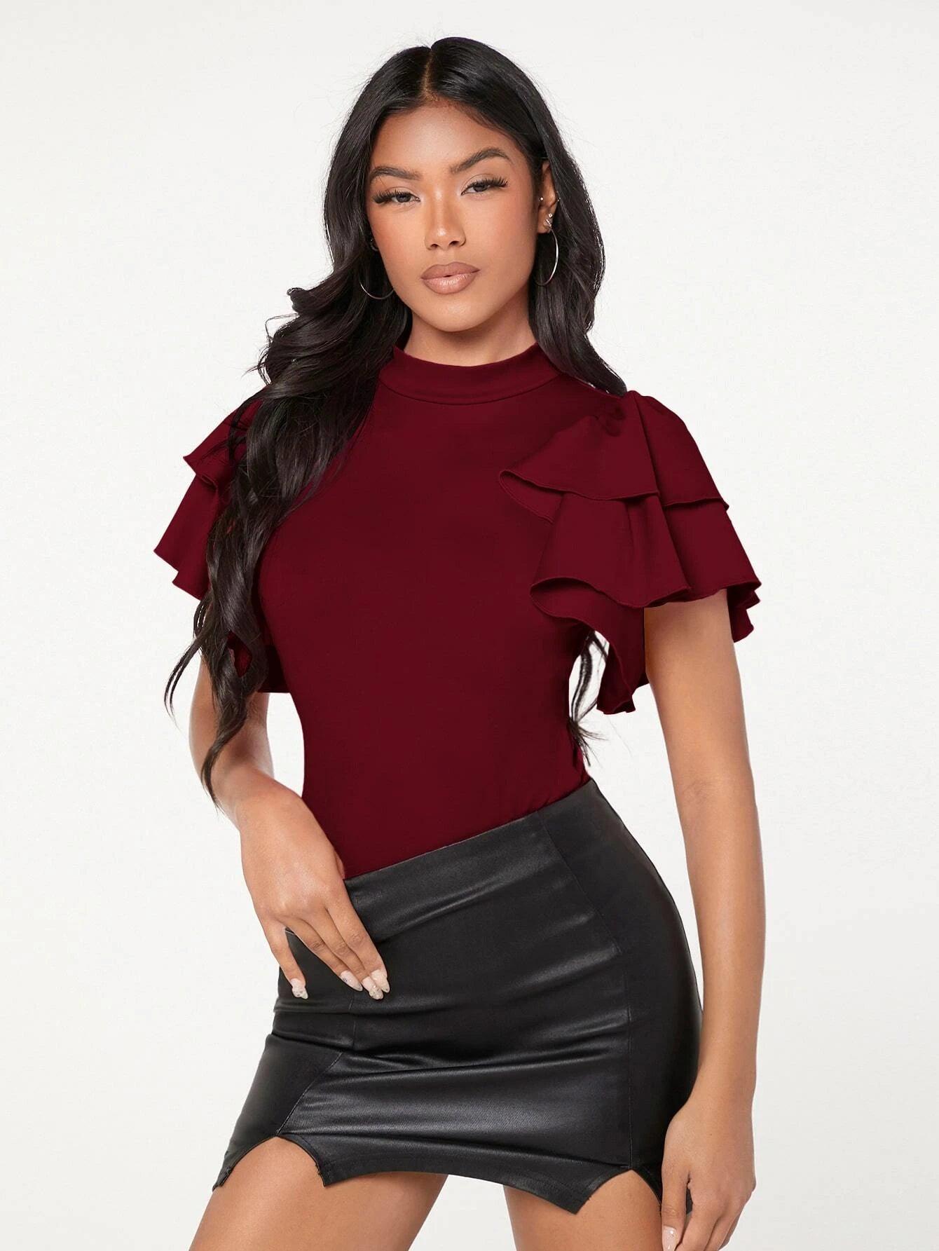 Mock-neck Layered Exaggerate Butterfly Sleeve Fitted Bodysuit-Comfy Jumpsuits