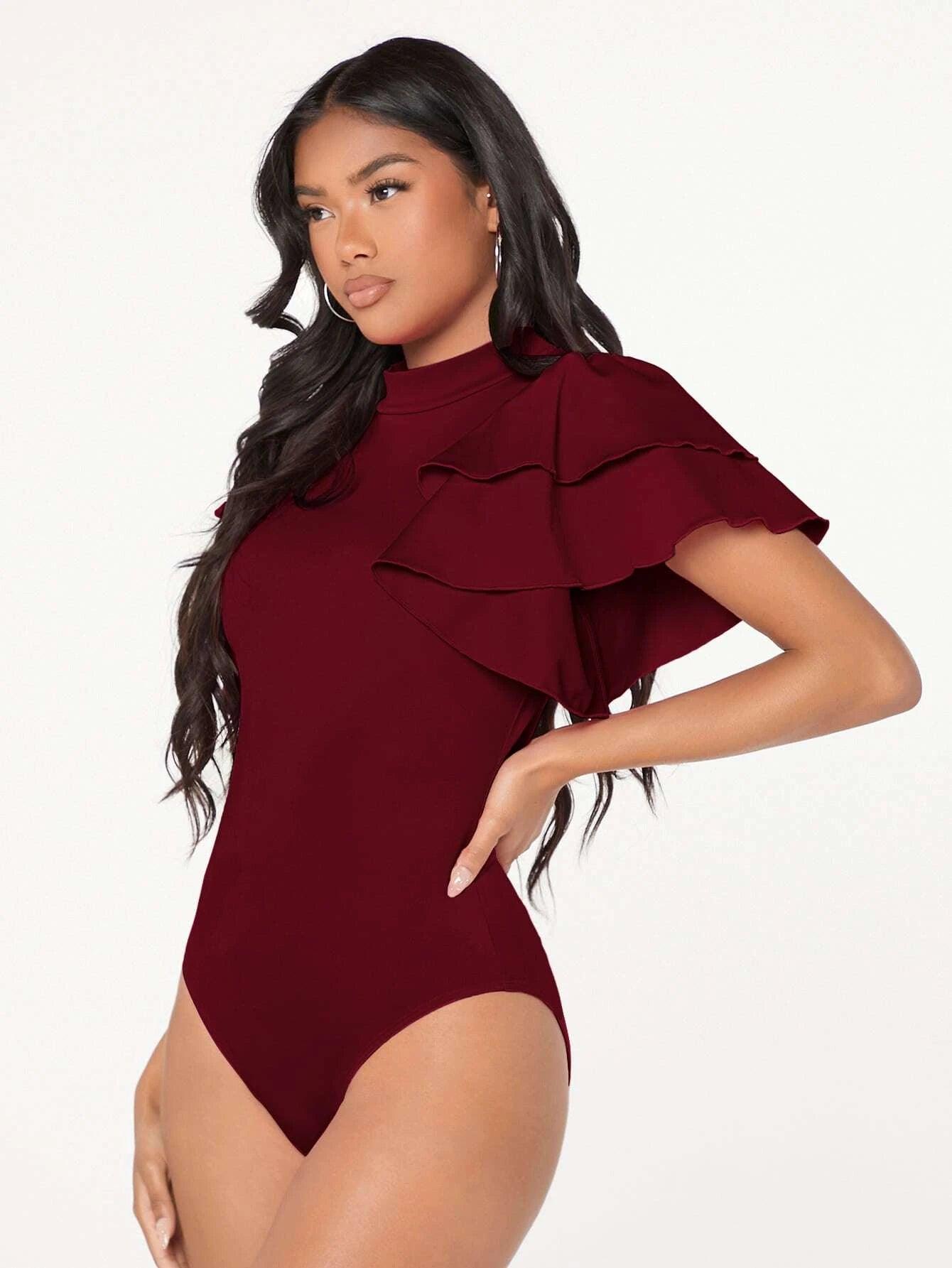 Mock-neck Layered Exaggerate Butterfly Sleeve Fitted Bodysuit-Comfy Jumpsuits